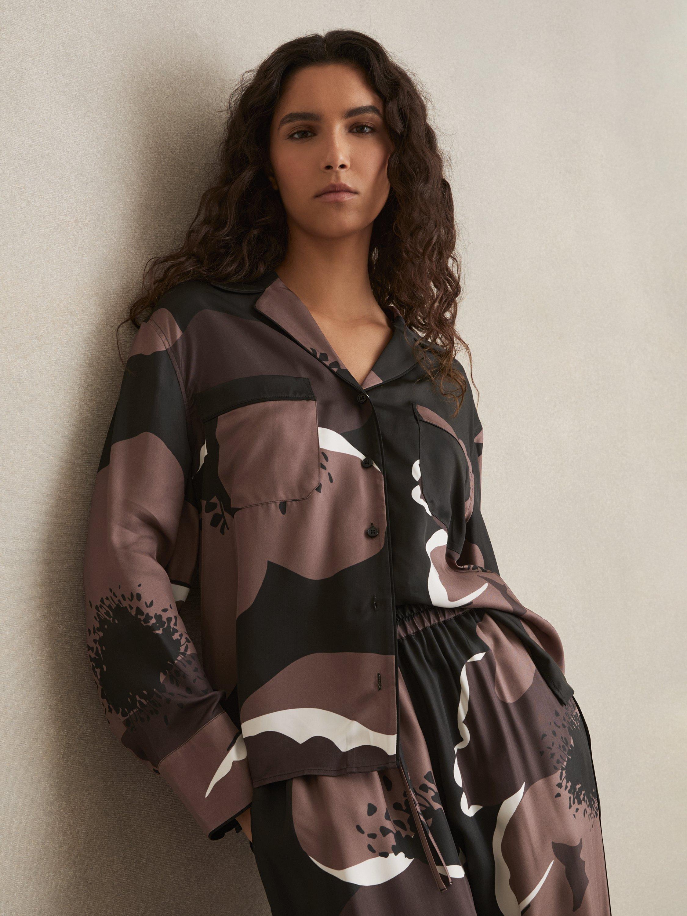 Product image 1 of 5, which shows Reiss Lottie Floral Print Shirt, Black/Brown/White, 6