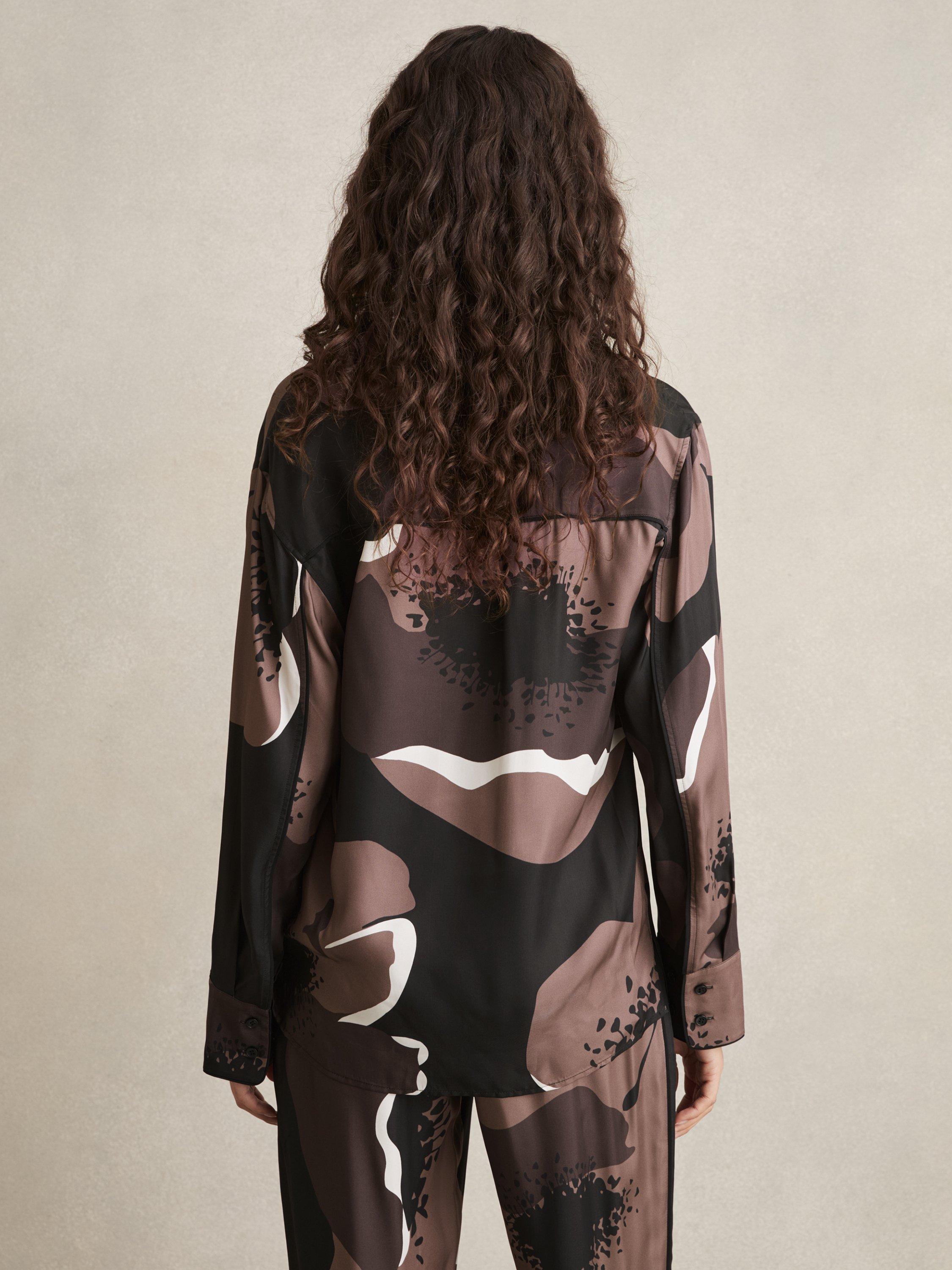 Product image 2 of 5, which shows Reiss Lottie Floral Print Shirt, Black/Brown/White, 6
