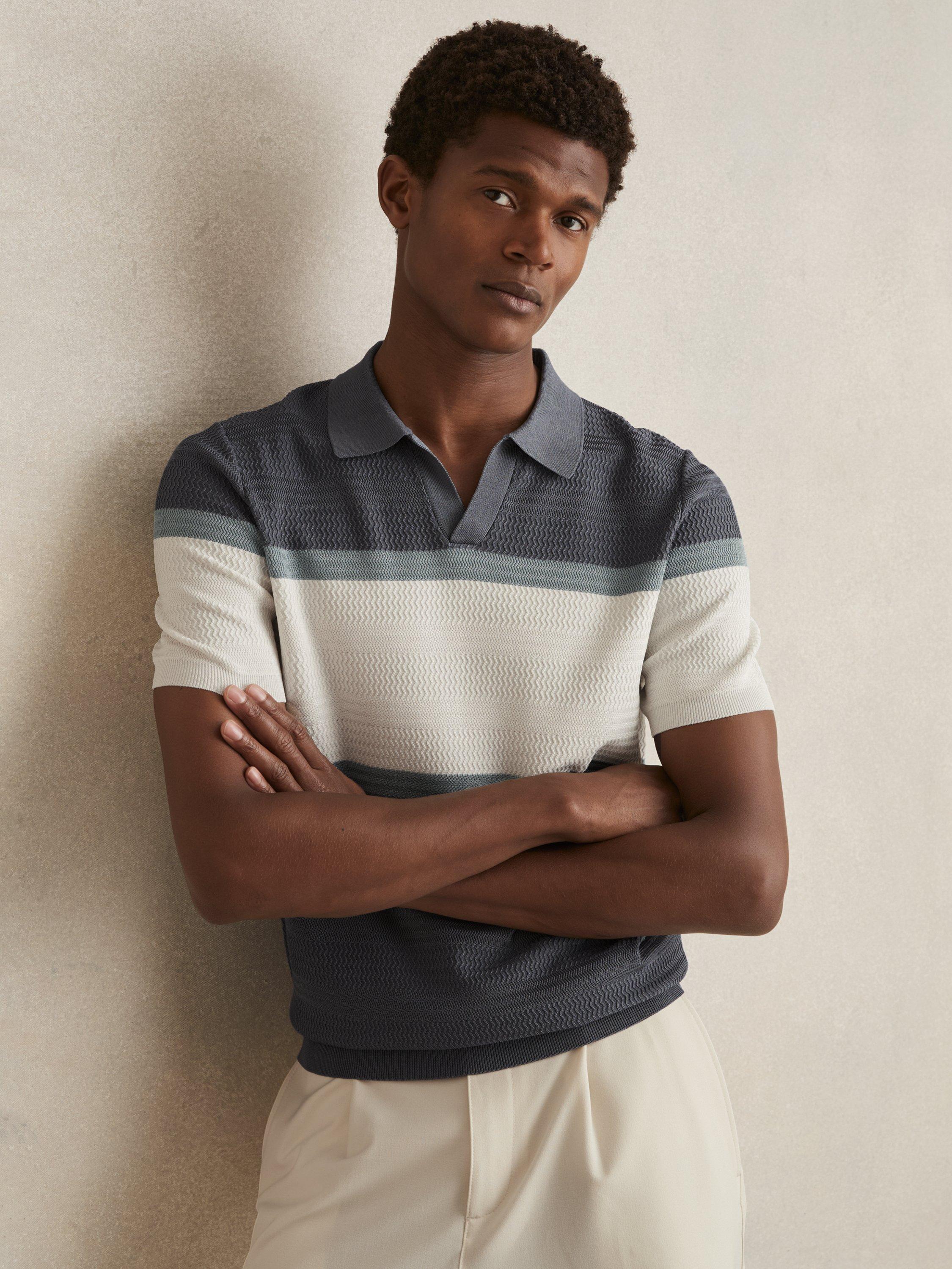 Product image 1 of 5, which shows Reiss Jefferson Stripe Collar V-Neck Polo Shirt, Airforce Blue, S