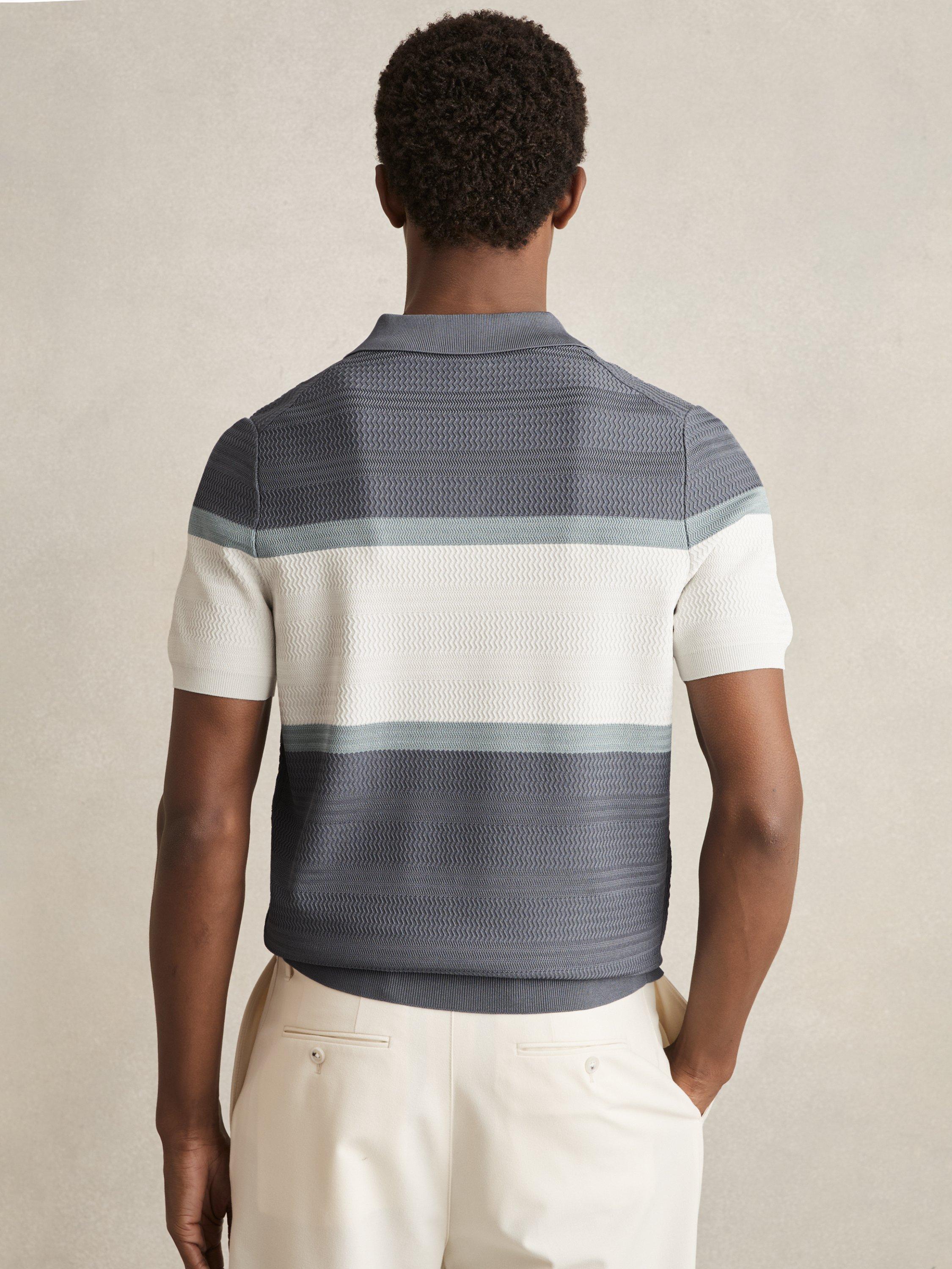 Product image 2 of 5, which shows Reiss Jefferson Stripe Collar V-Neck Polo Shirt, Airforce Blue, S