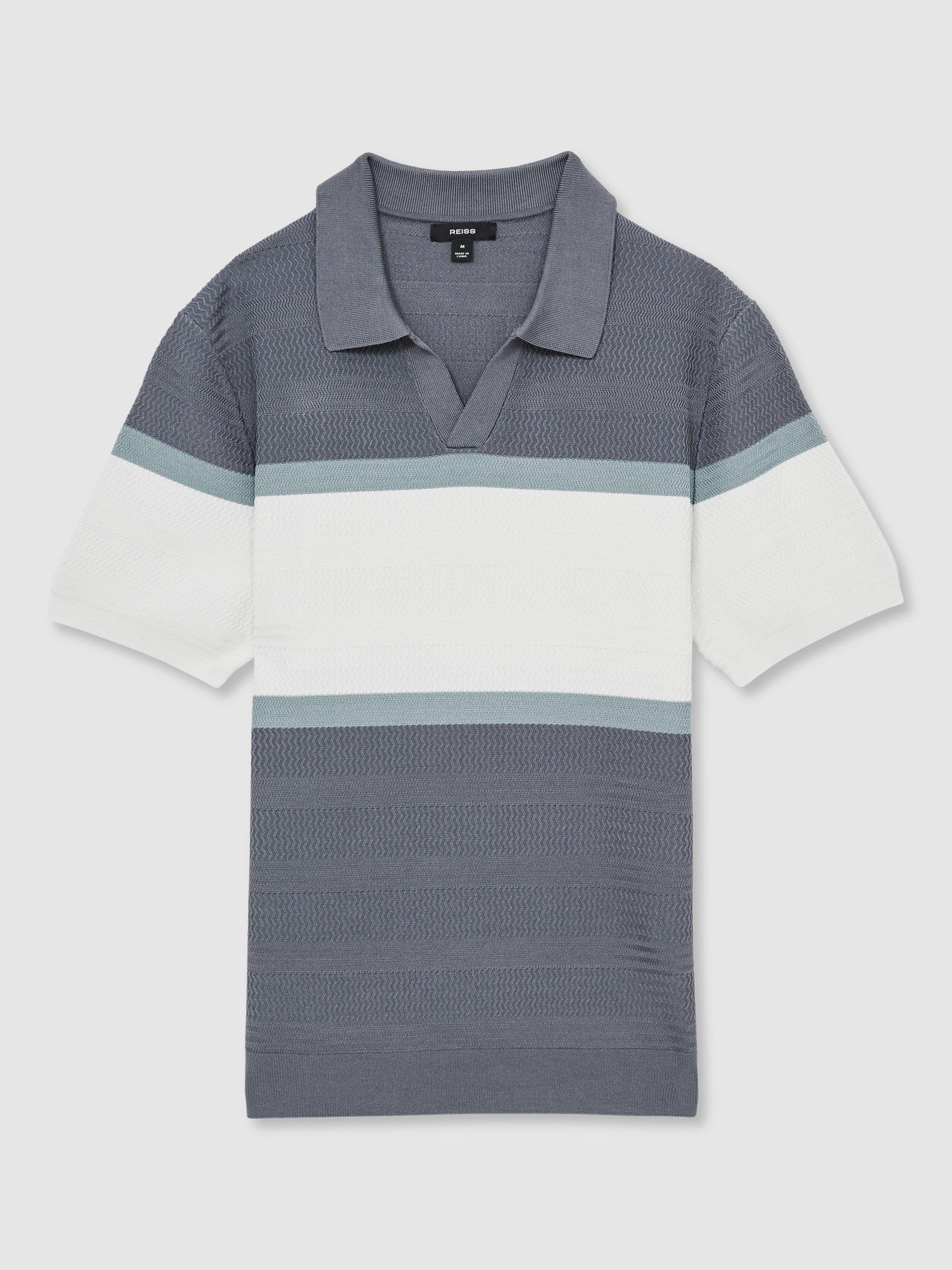 Product image 3 of 5, which shows Reiss Jefferson Stripe Collar V-Neck Polo Shirt, Airforce Blue, S