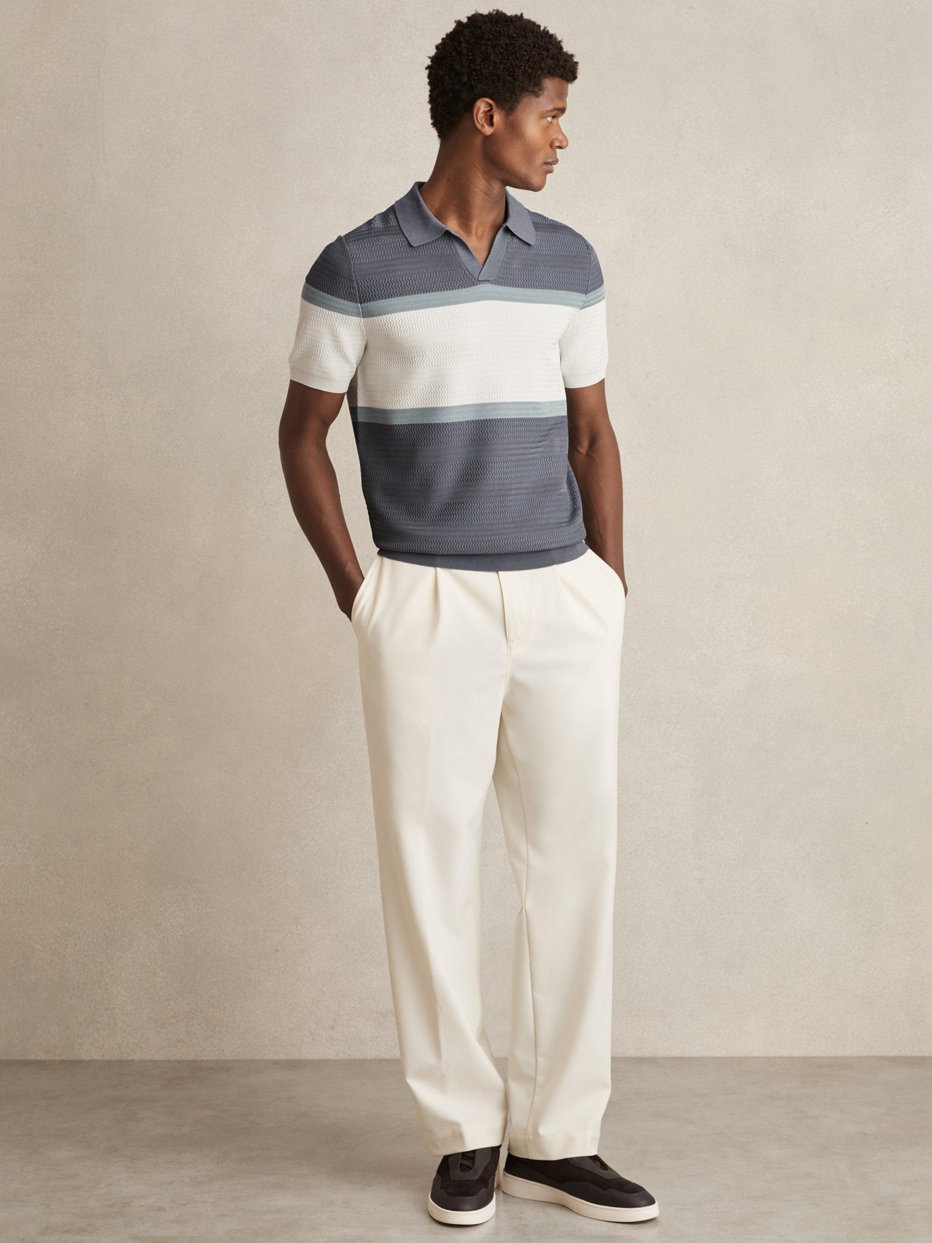 Product image 4 of 5, which shows Reiss Jefferson Stripe Collar V-Neck Polo Shirt, Airforce Blue, S
