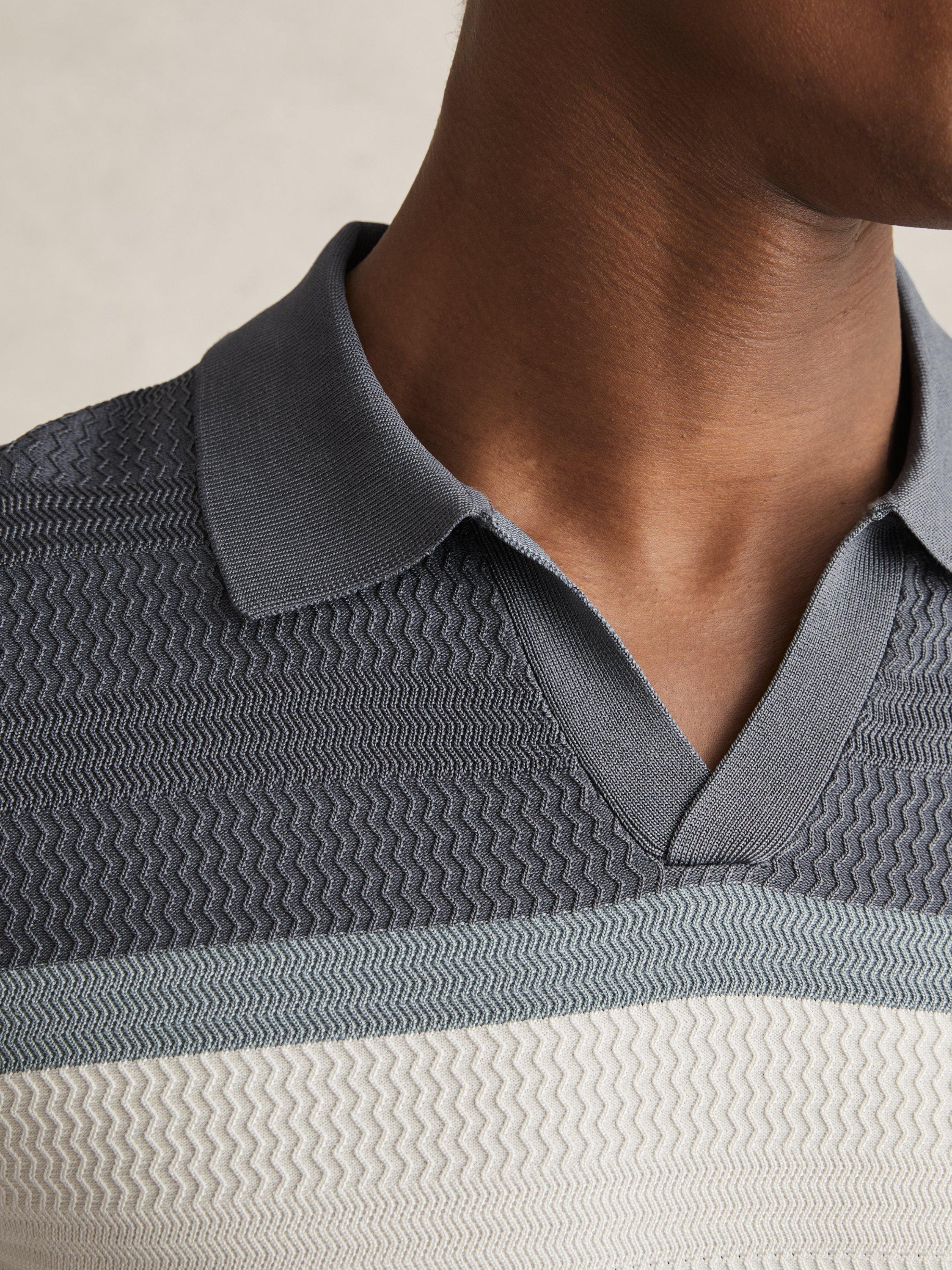 Product image 5 of 5, which shows Reiss Jefferson Stripe Collar V-Neck Polo Shirt, Airforce Blue, S