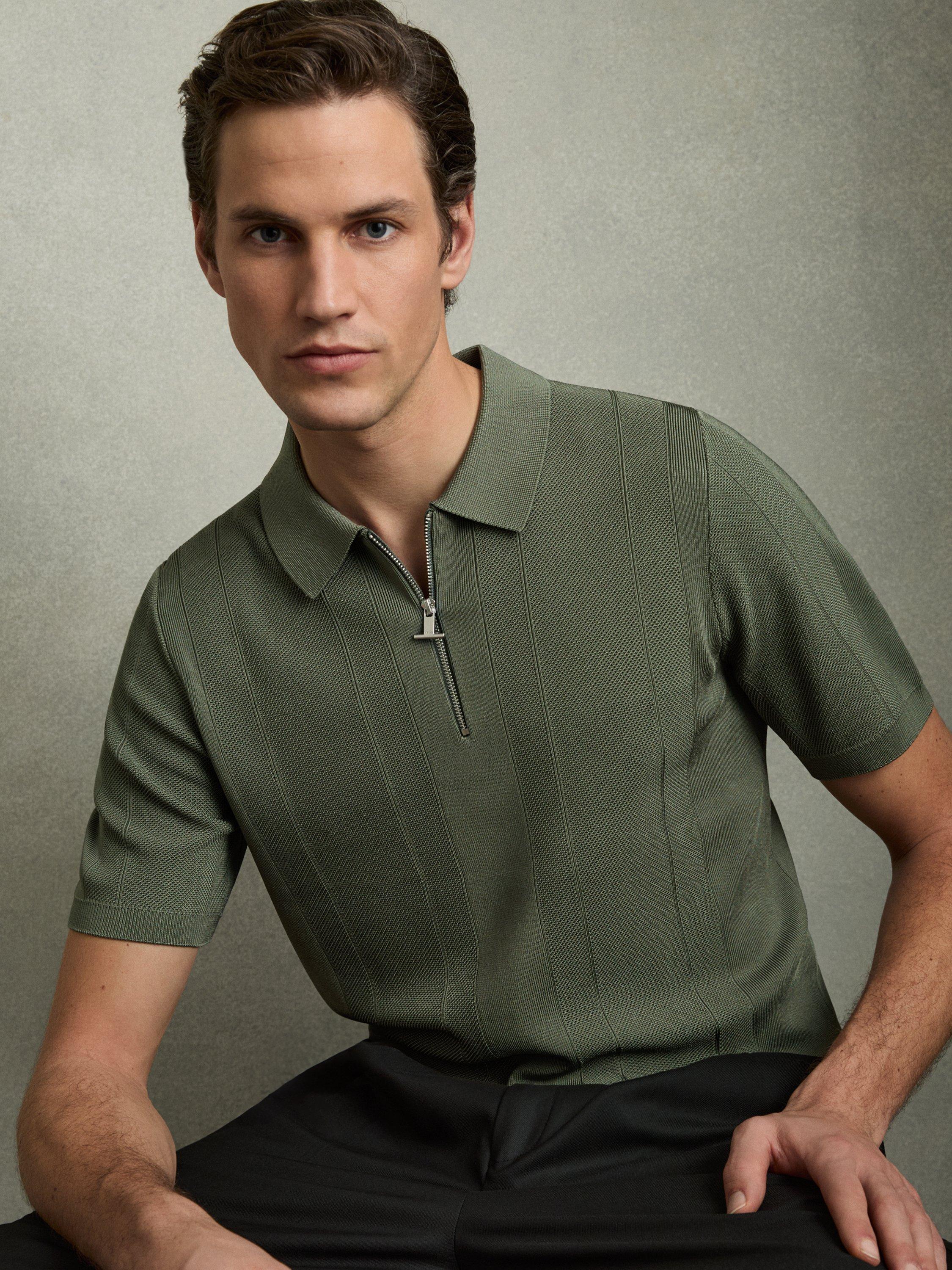 Product image 1 of 5, which shows Reiss Bart Zip Textured Polo Shirt, Herb Green, L