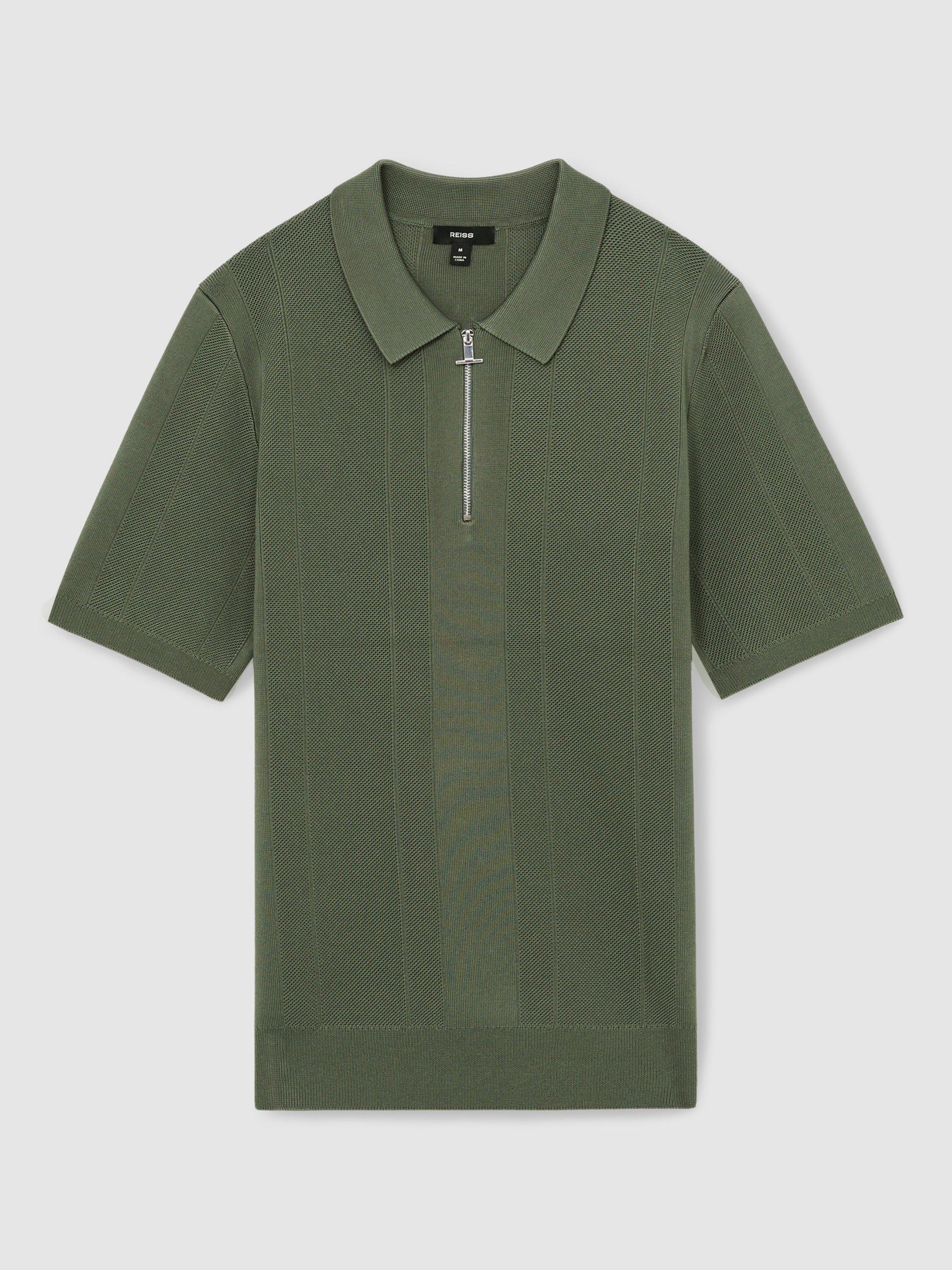 Product image 3 of 5, which shows Reiss Bart Zip Textured Polo Shirt, Herb Green, L