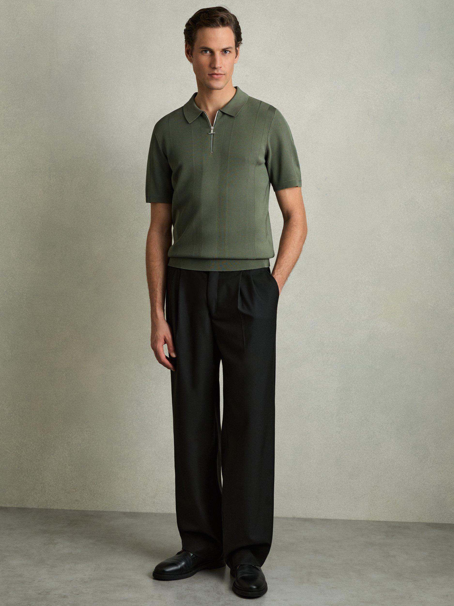 Product image 4 of 5, which shows Reiss Bart Zip Textured Polo Shirt, Herb Green, L