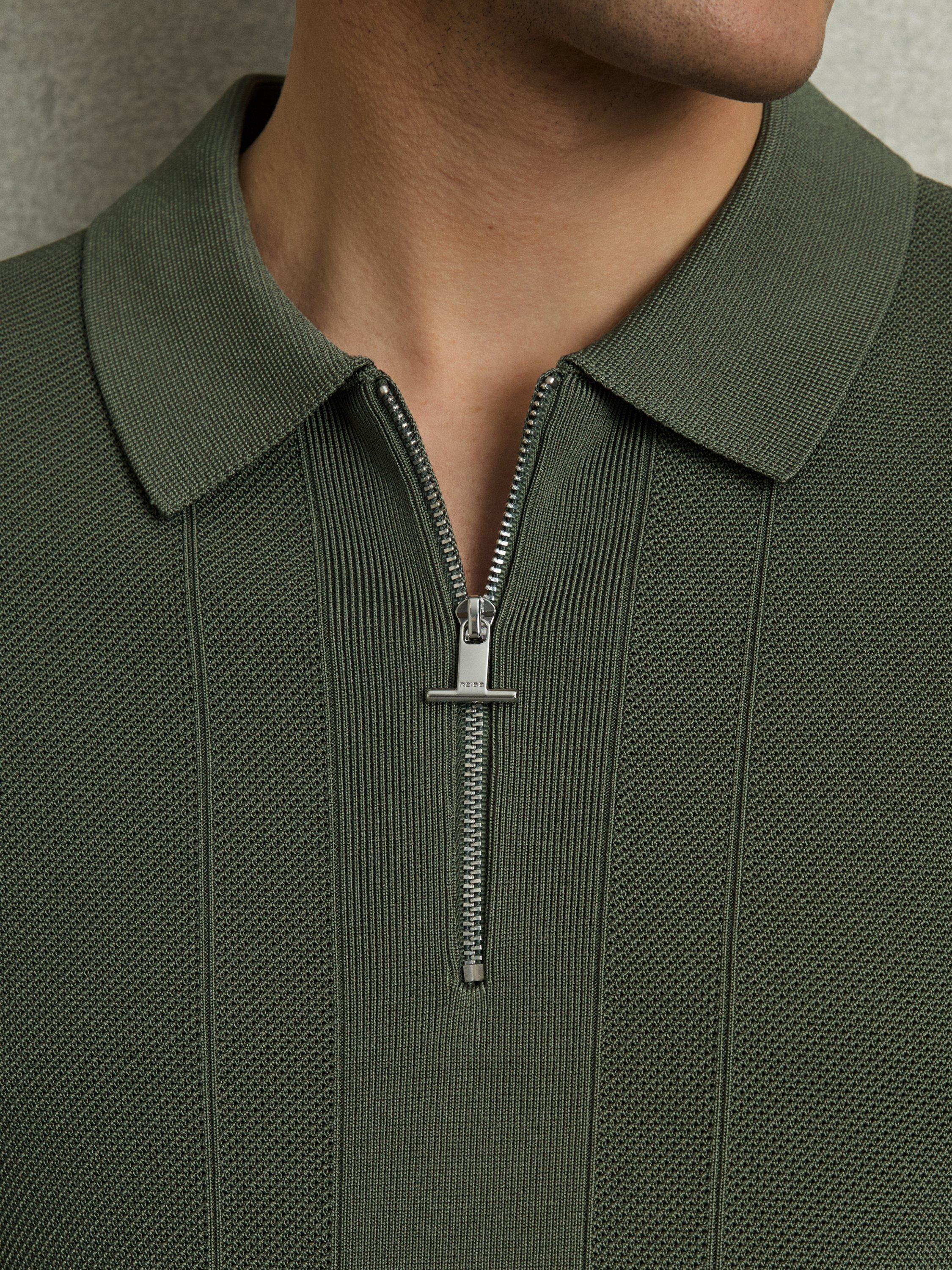 Product image 5 of 5, which shows Reiss Bart Zip Textured Polo Shirt, Herb Green, L