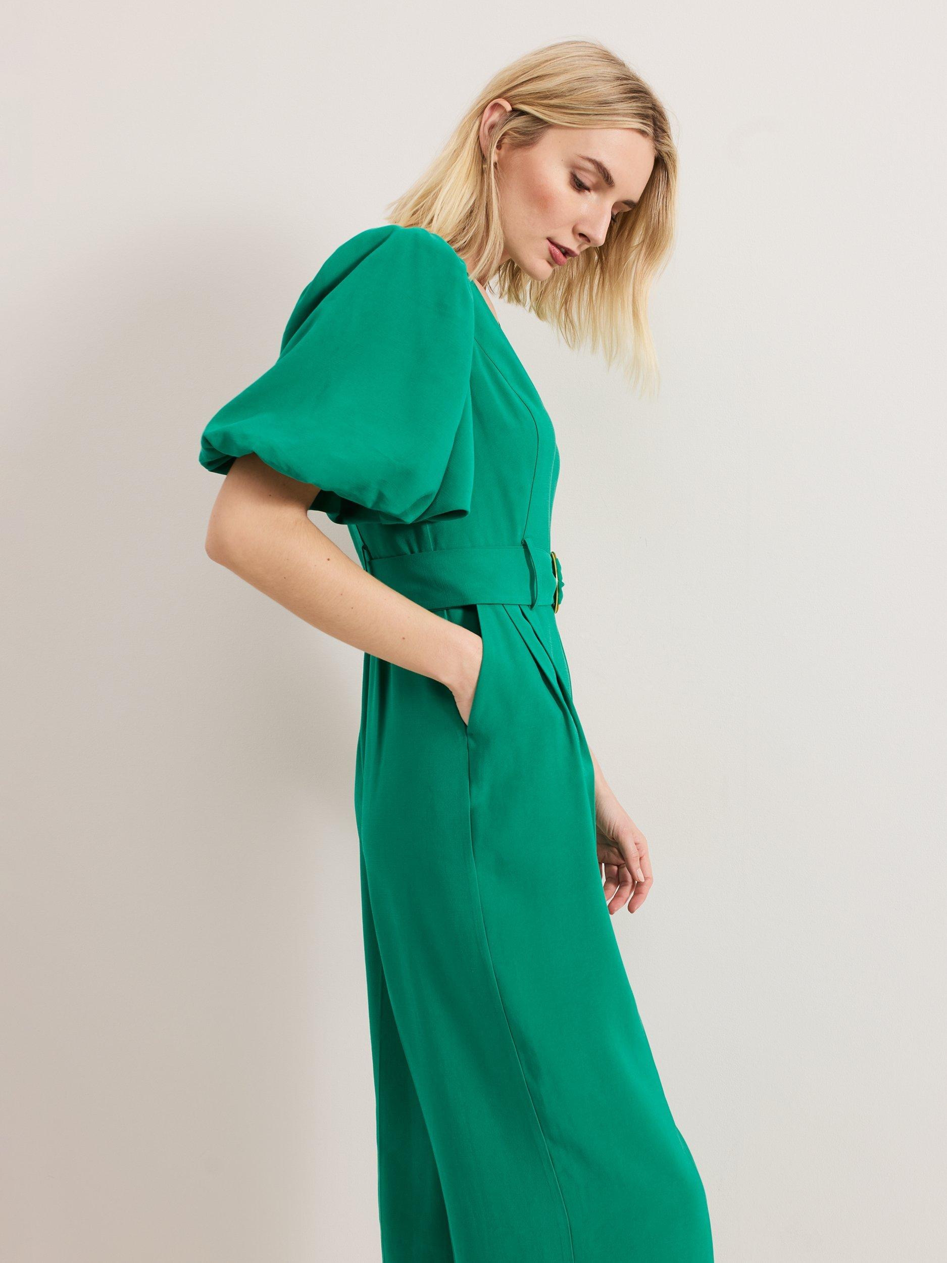 Product image 7 of 8, which shows Phase Eight Margot Puff Sleeve Jumpsuit, Green, 8
