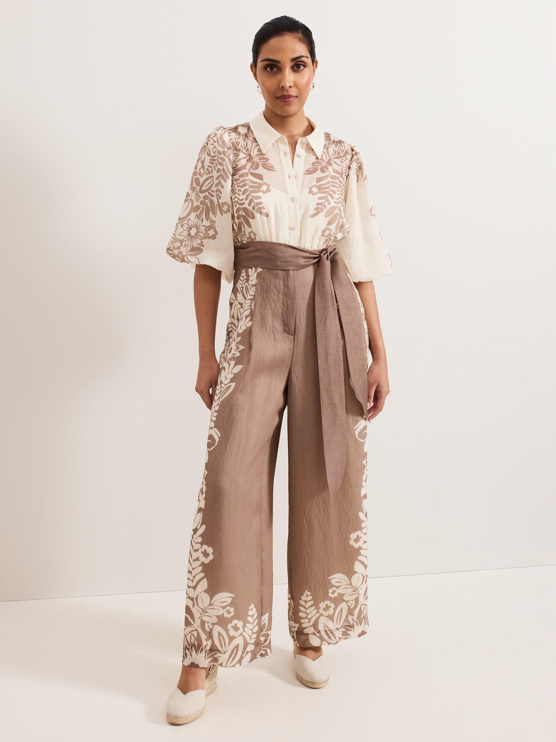 Product image 1 of 7, which shows Phase Eight Petite Lilja Leaf Print Jumpsuit, Neutral, 6