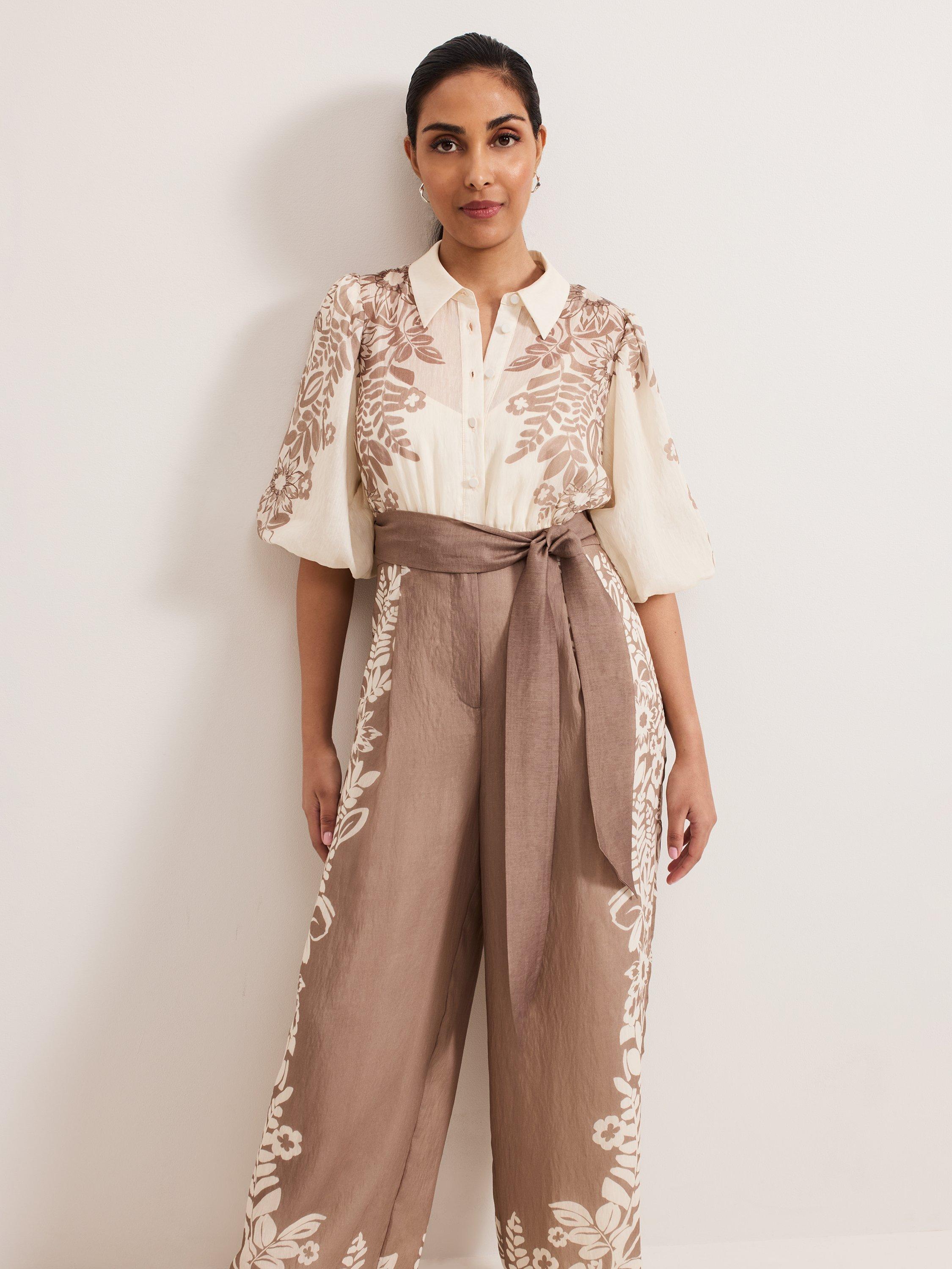 Product image 3 of 7, which shows Phase Eight Petite Lilja Leaf Print Jumpsuit, Neutral, 6
