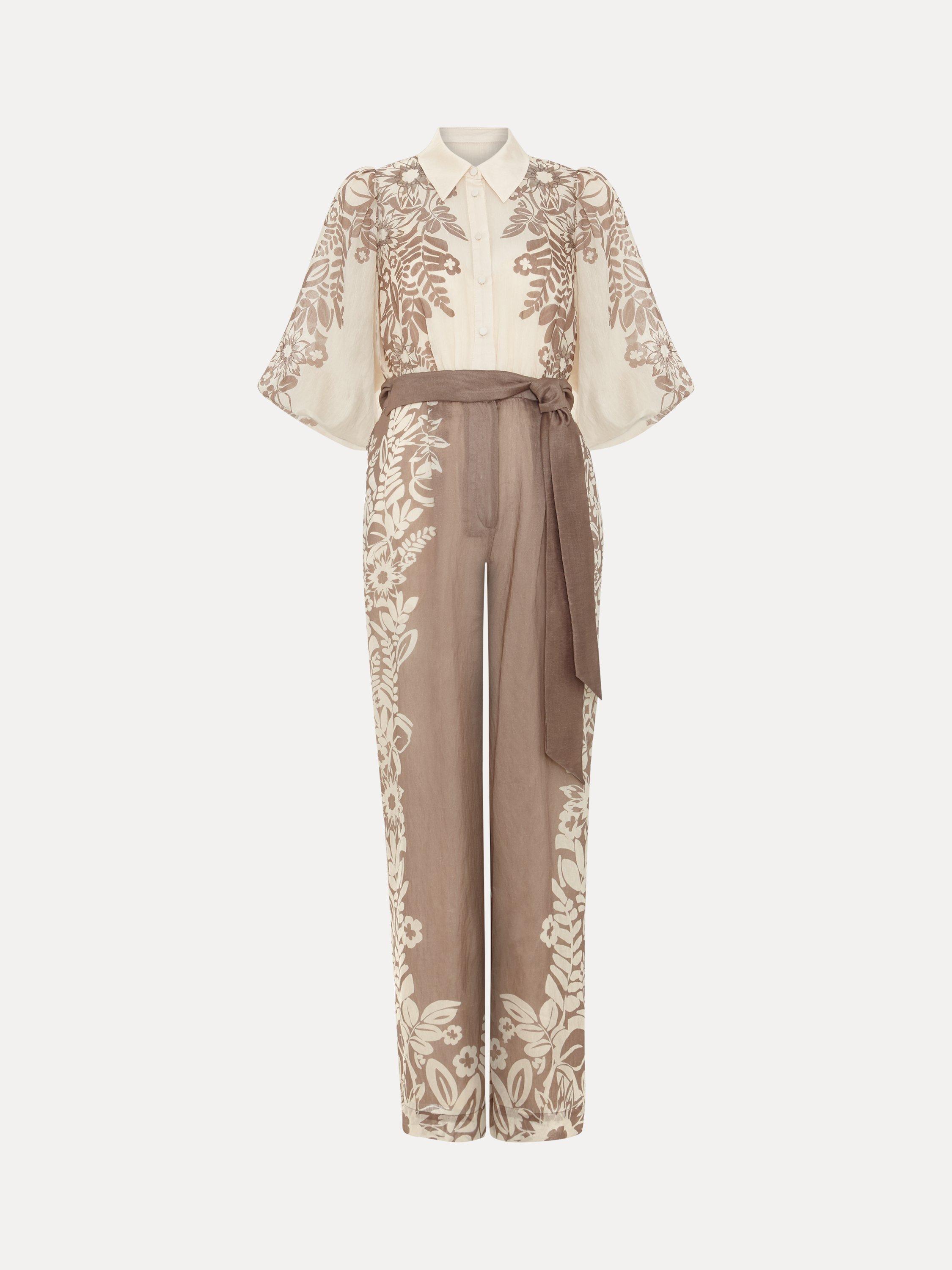 Product image 5 of 7, which shows Phase Eight Petite Lilja Leaf Print Jumpsuit, Neutral, 6
