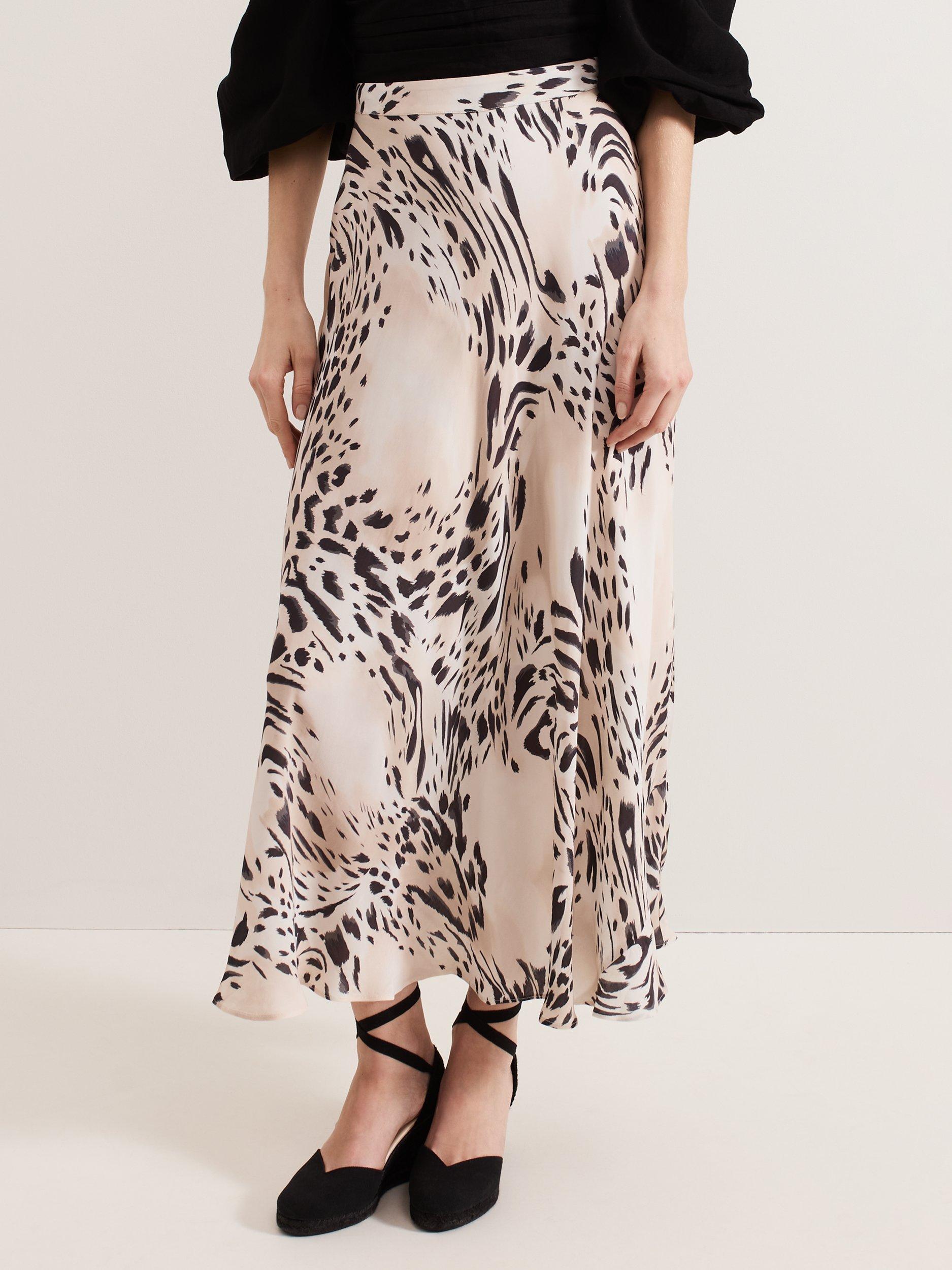 Product image 1 of 6, which shows Phase Eight Orla Animal Print Maxi Skirt, Black/Ivory, 8
