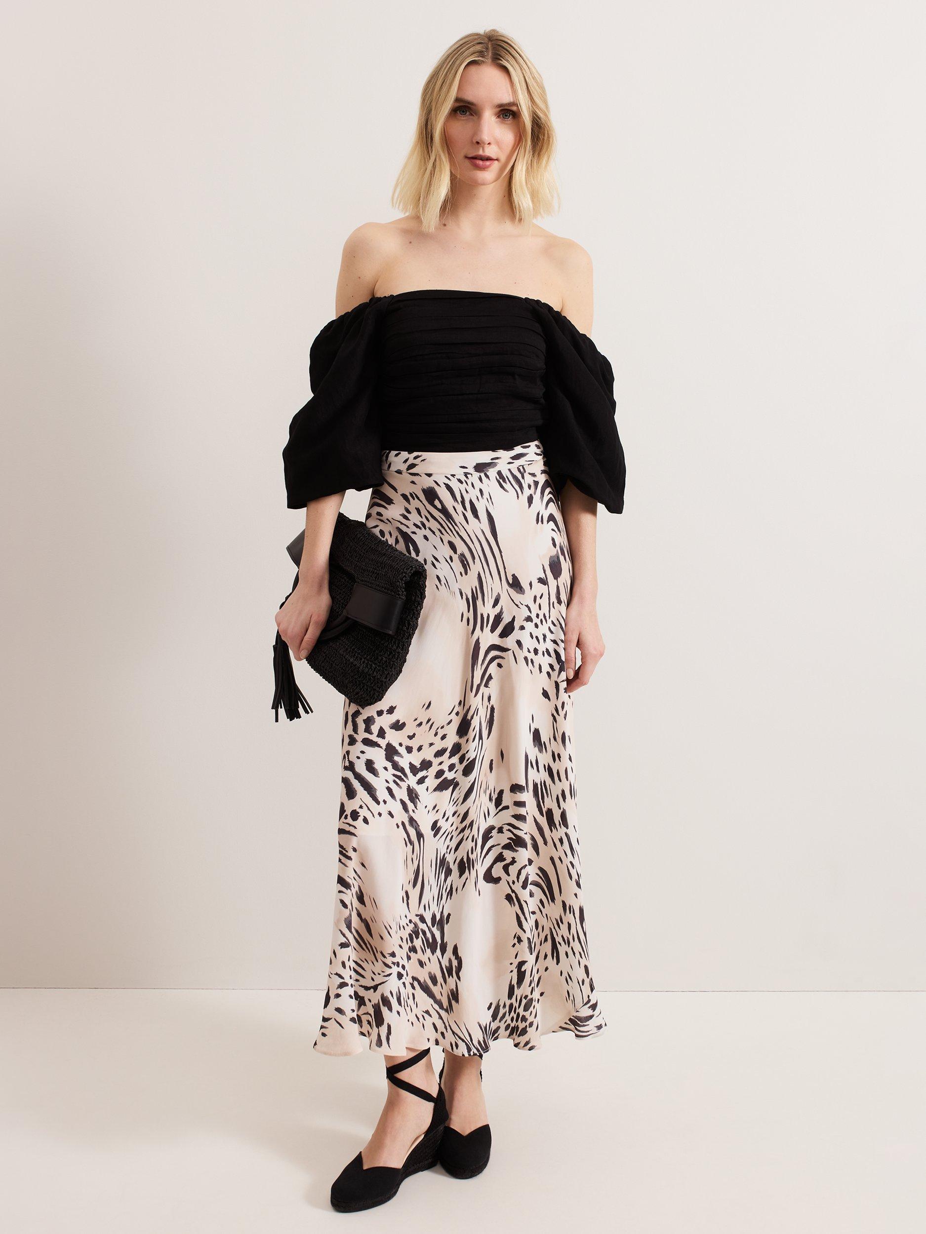 Product image 3 of 6, which shows Phase Eight Orla Animal Print Maxi Skirt, Black/Ivory, 8