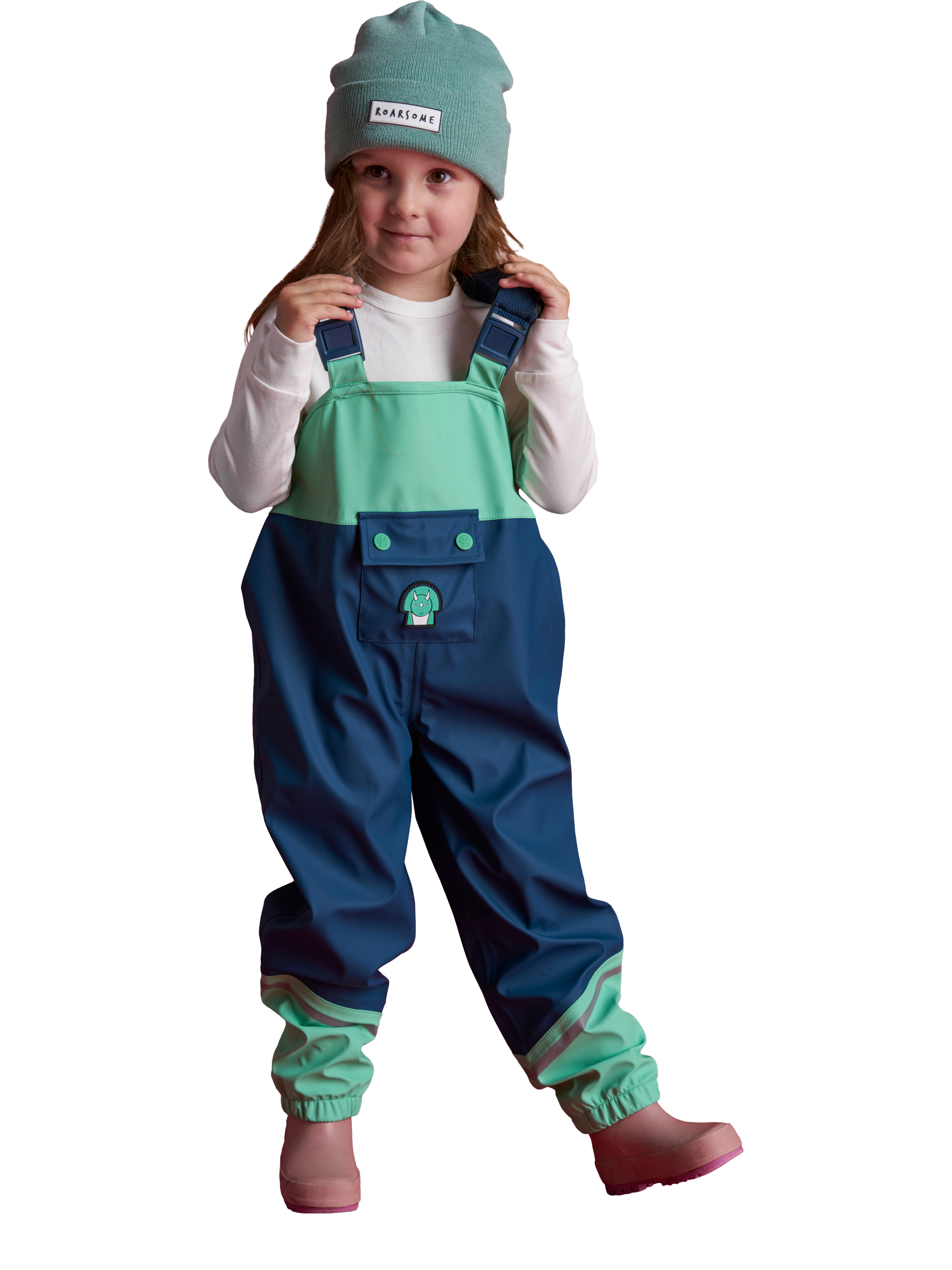 Product image 1 of 3, which shows Roarsome Kids' Spike Waterproof Trousers, Green/Blue, 2-3 years