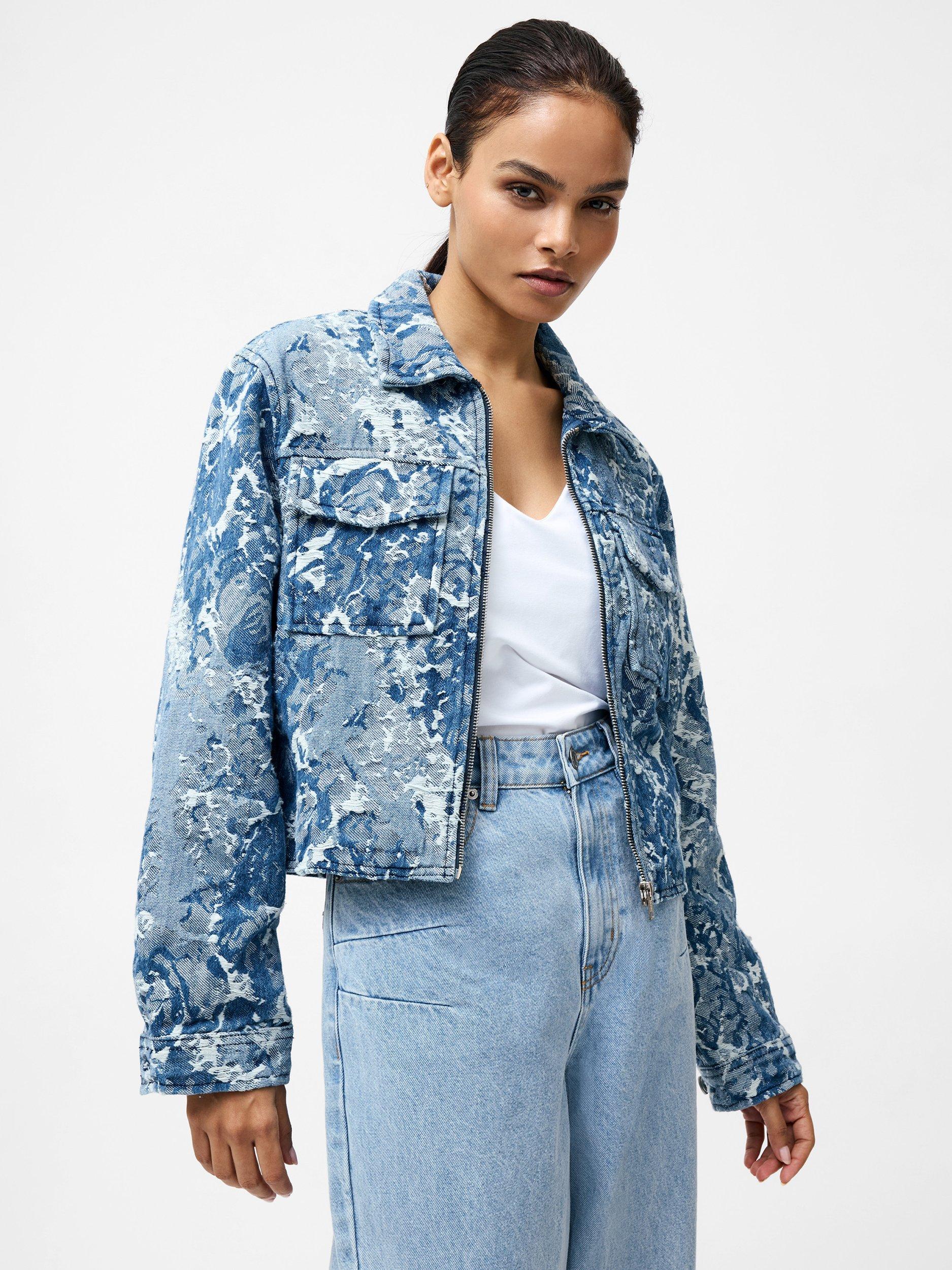 Product image 1 of 5, which shows French Connection Charlotte Floral Jacquard Denim Jacket, Light Wash, 8