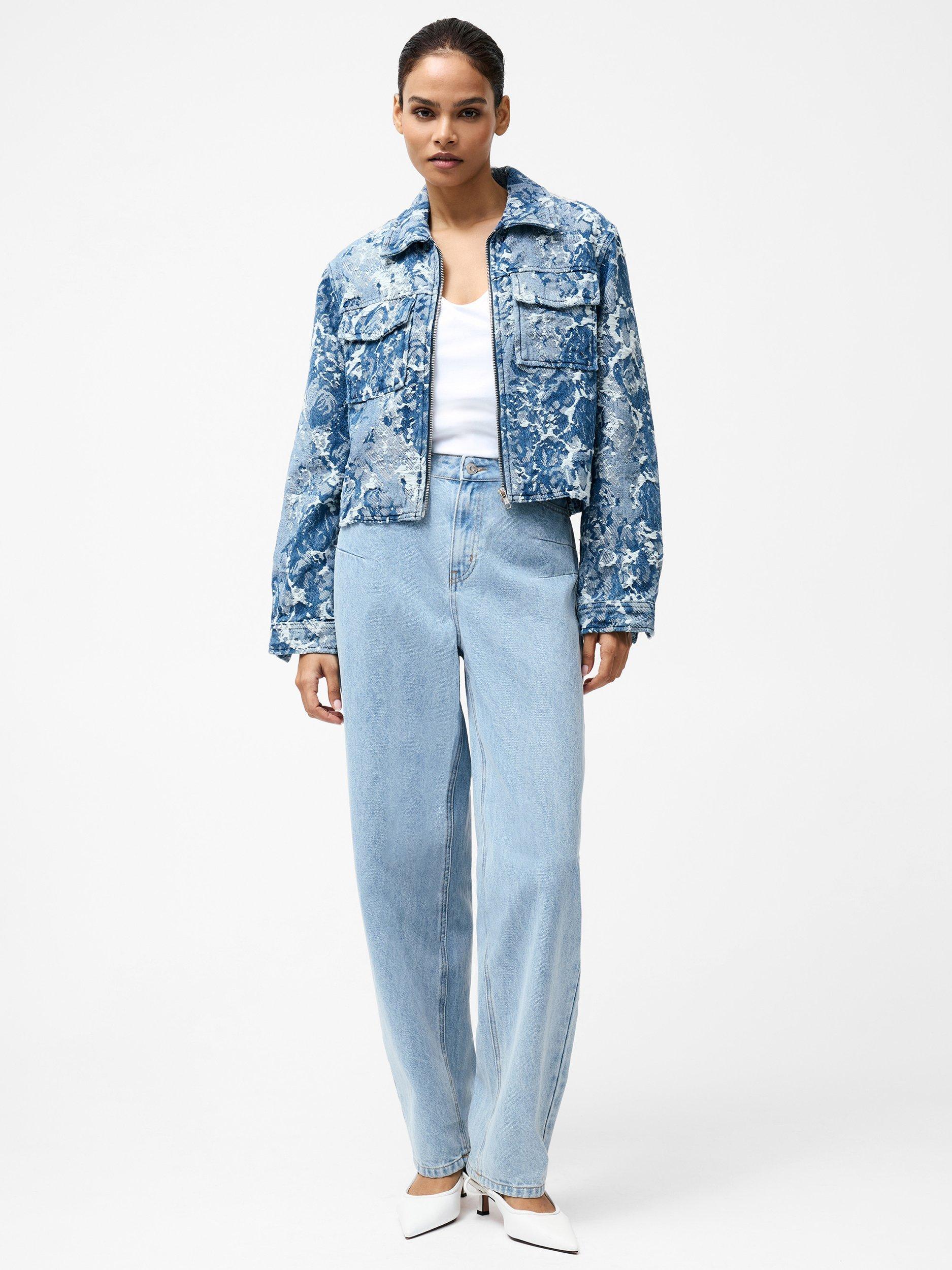 Product image 2 of 5, which shows French Connection Charlotte Floral Jacquard Denim Jacket, Light Wash, 8
