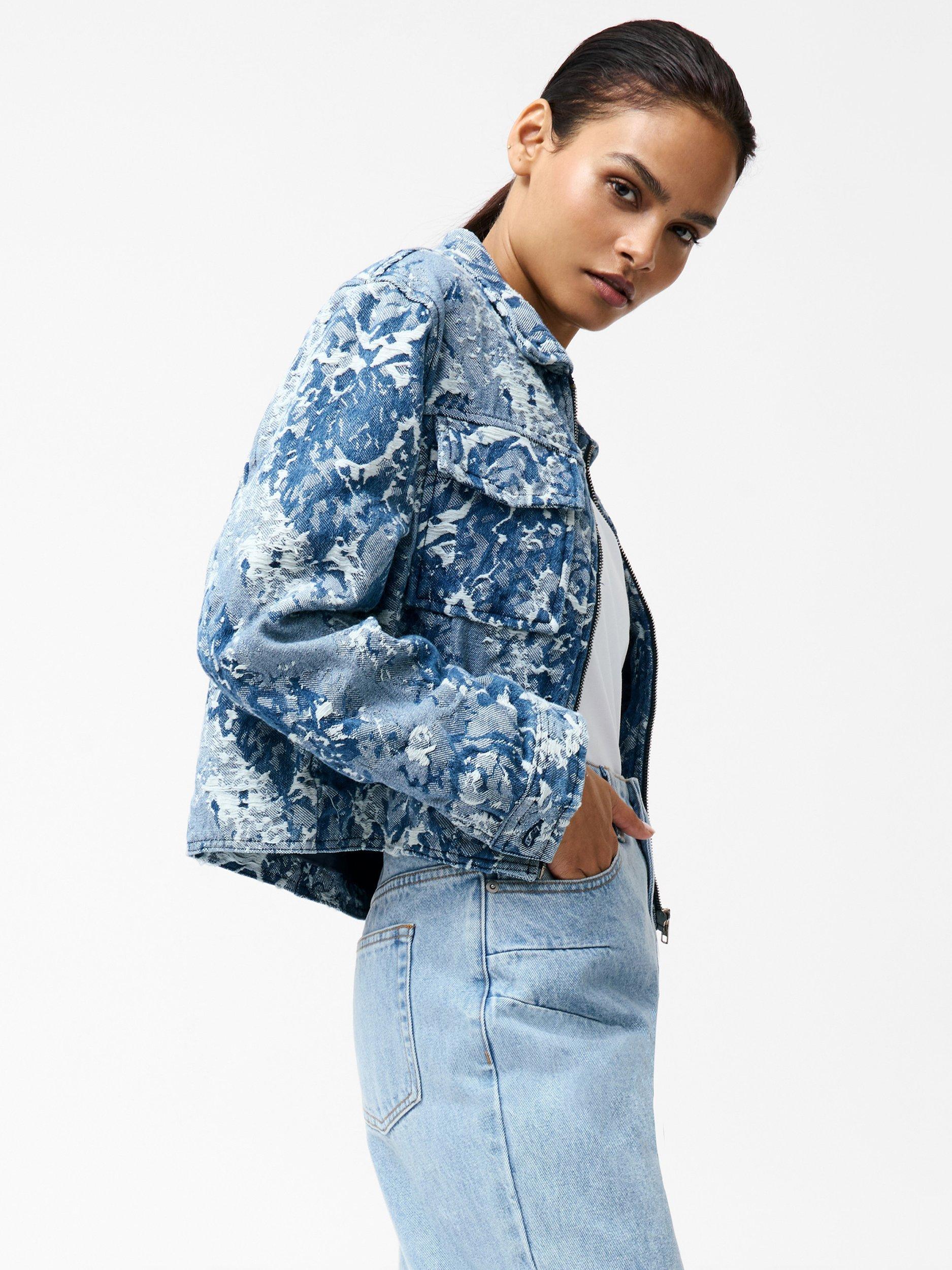 Product image 3 of 5, which shows French Connection Charlotte Floral Jacquard Denim Jacket, Light Wash, 8