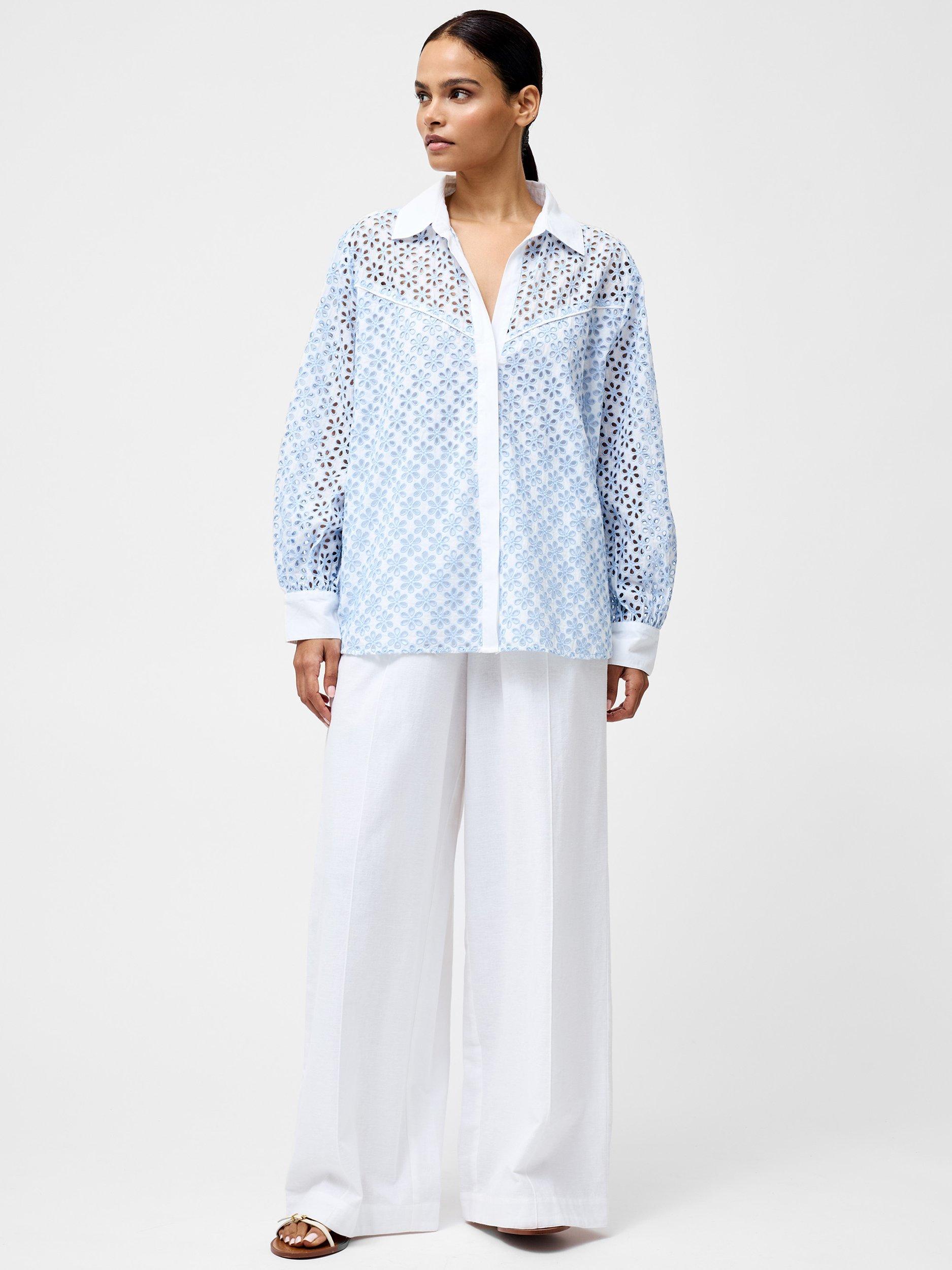 Product image 1 of 5, which shows French Connection Galina Floral Cutwork Shirt, Sky Blue, S