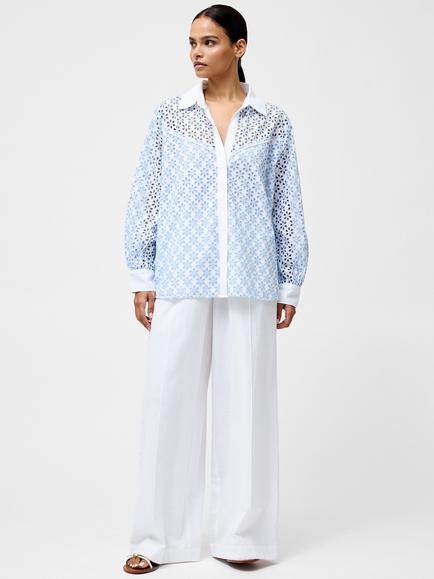 French Connection Galina Floral Cutwork Shirt, Sky Blue, Sky Blue