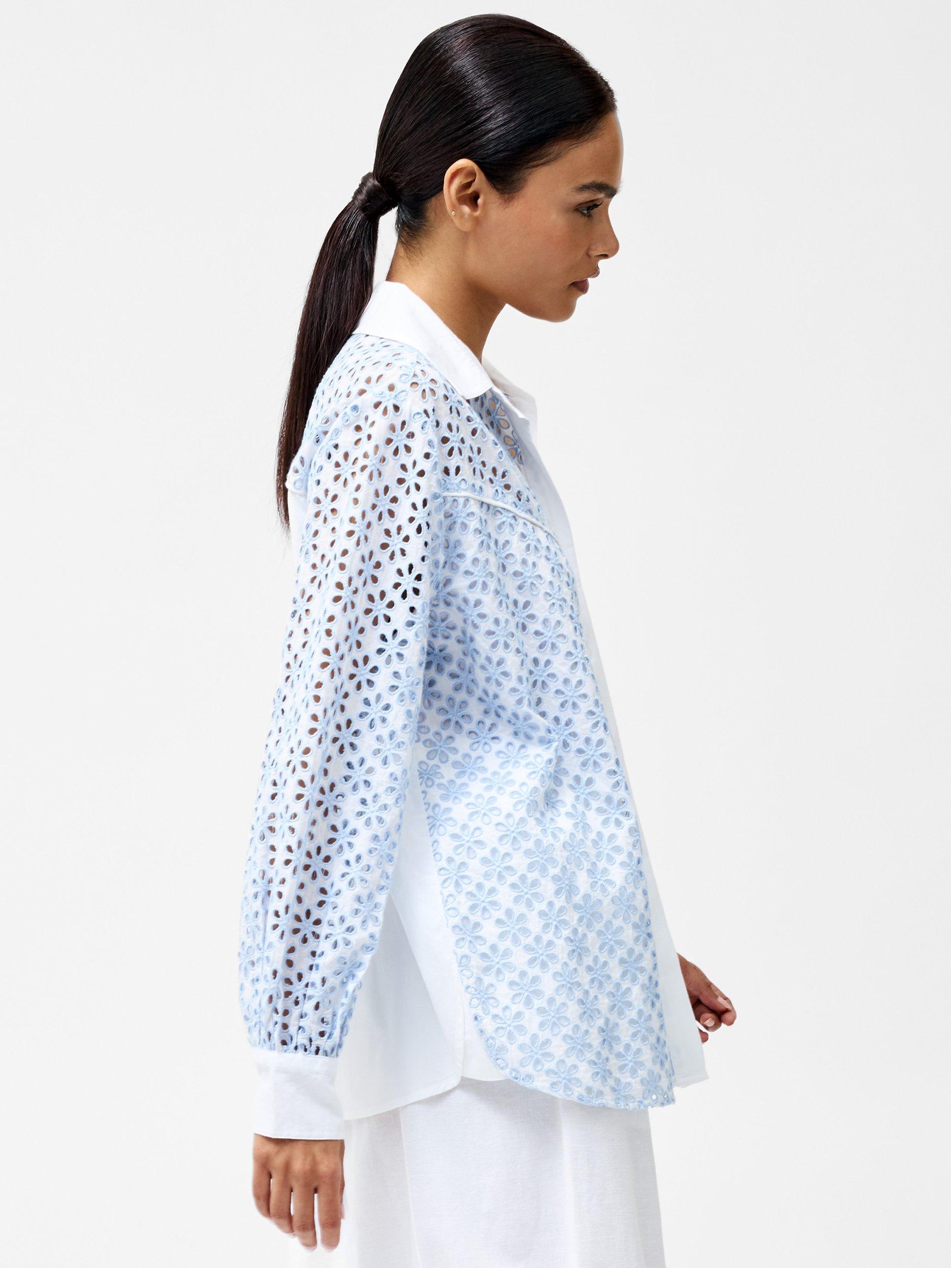 Product image 2 of 5, which shows French Connection Galina Floral Cutwork Shirt, Sky Blue, S