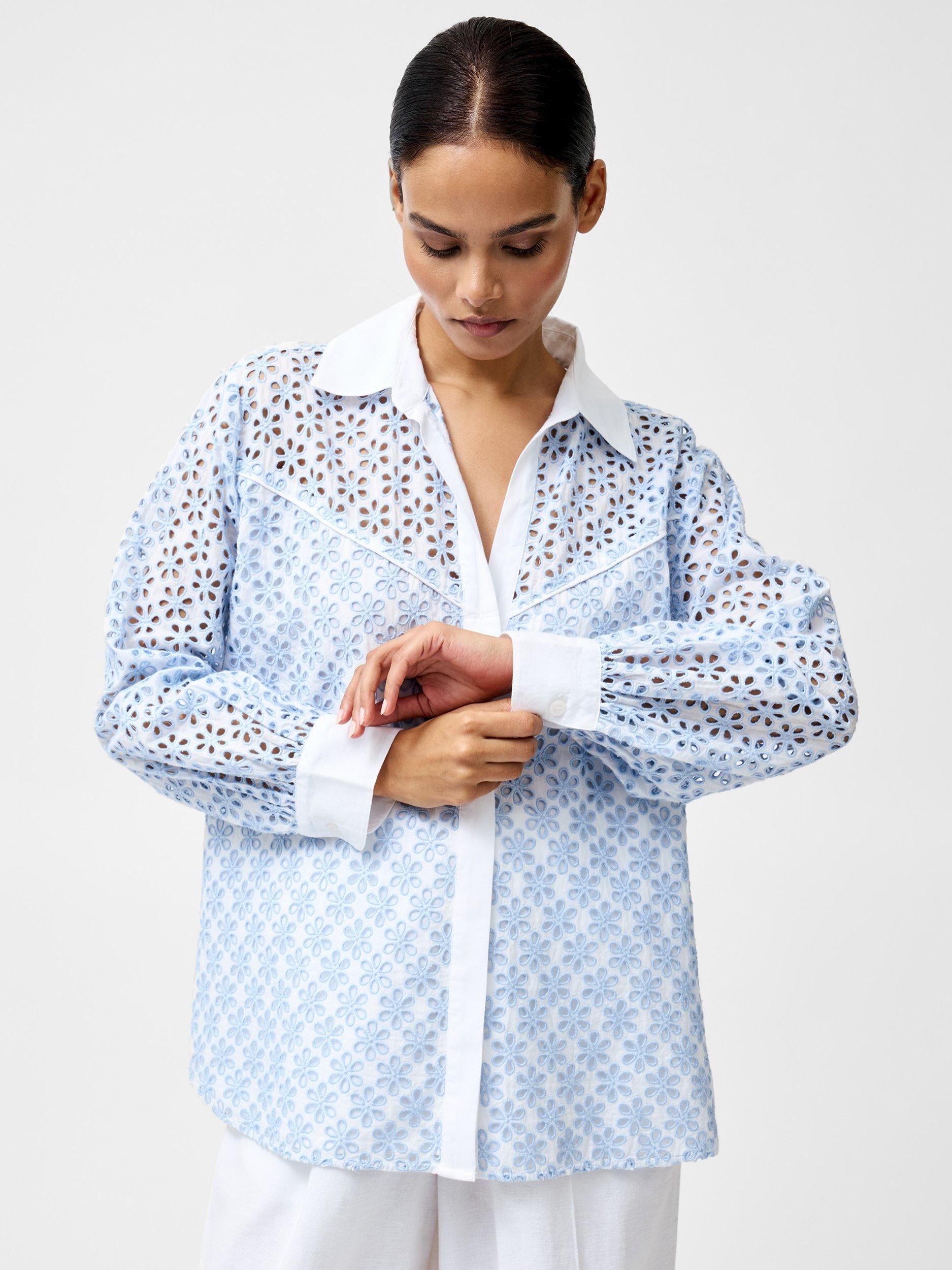 Product image 4 of 5, which shows French Connection Galina Floral Cutwork Shirt, Sky Blue, S