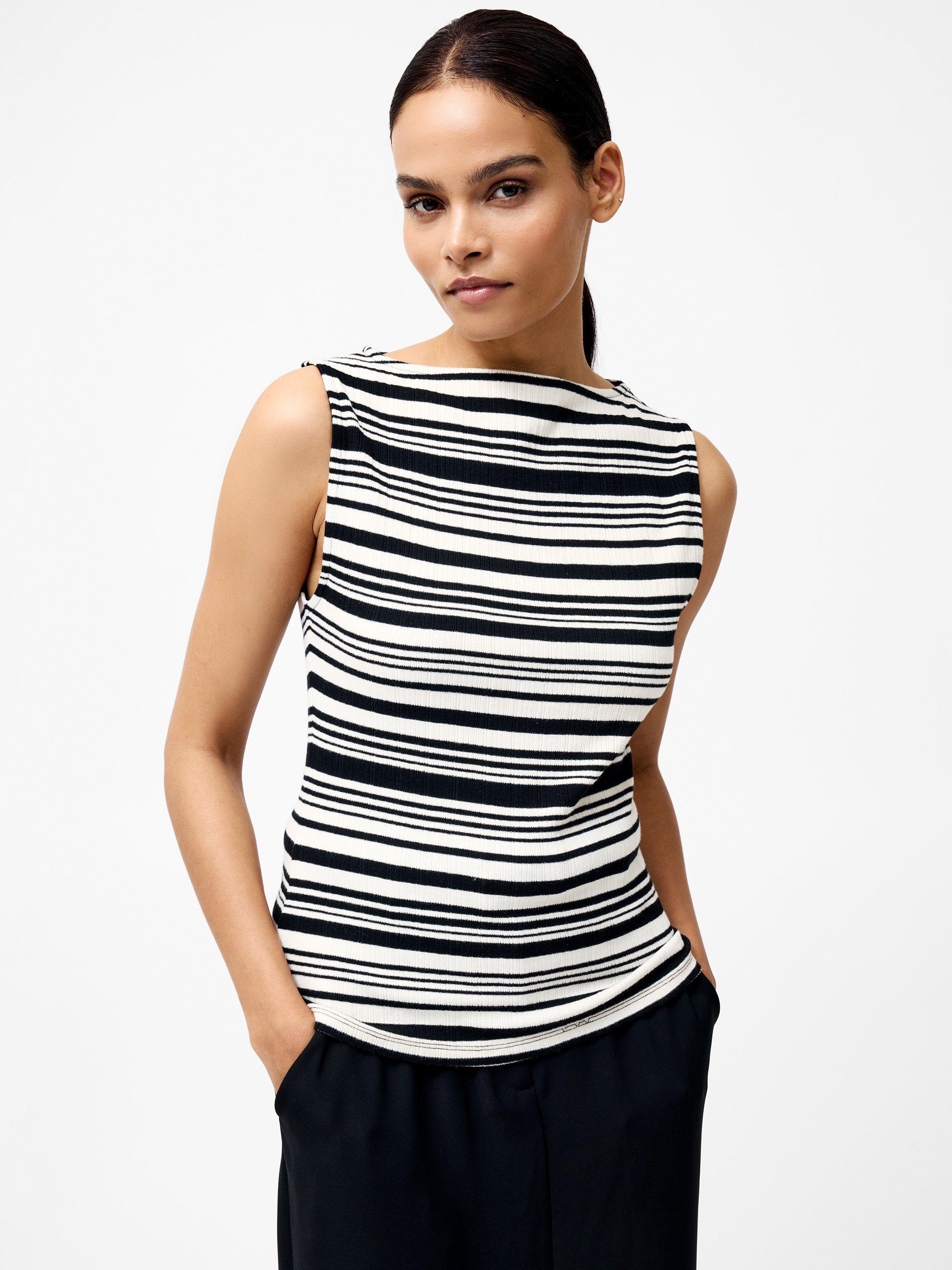Product image 1 of 1, which shows French Connection Sasia Stripe Ribbed Top, Black/White, L
