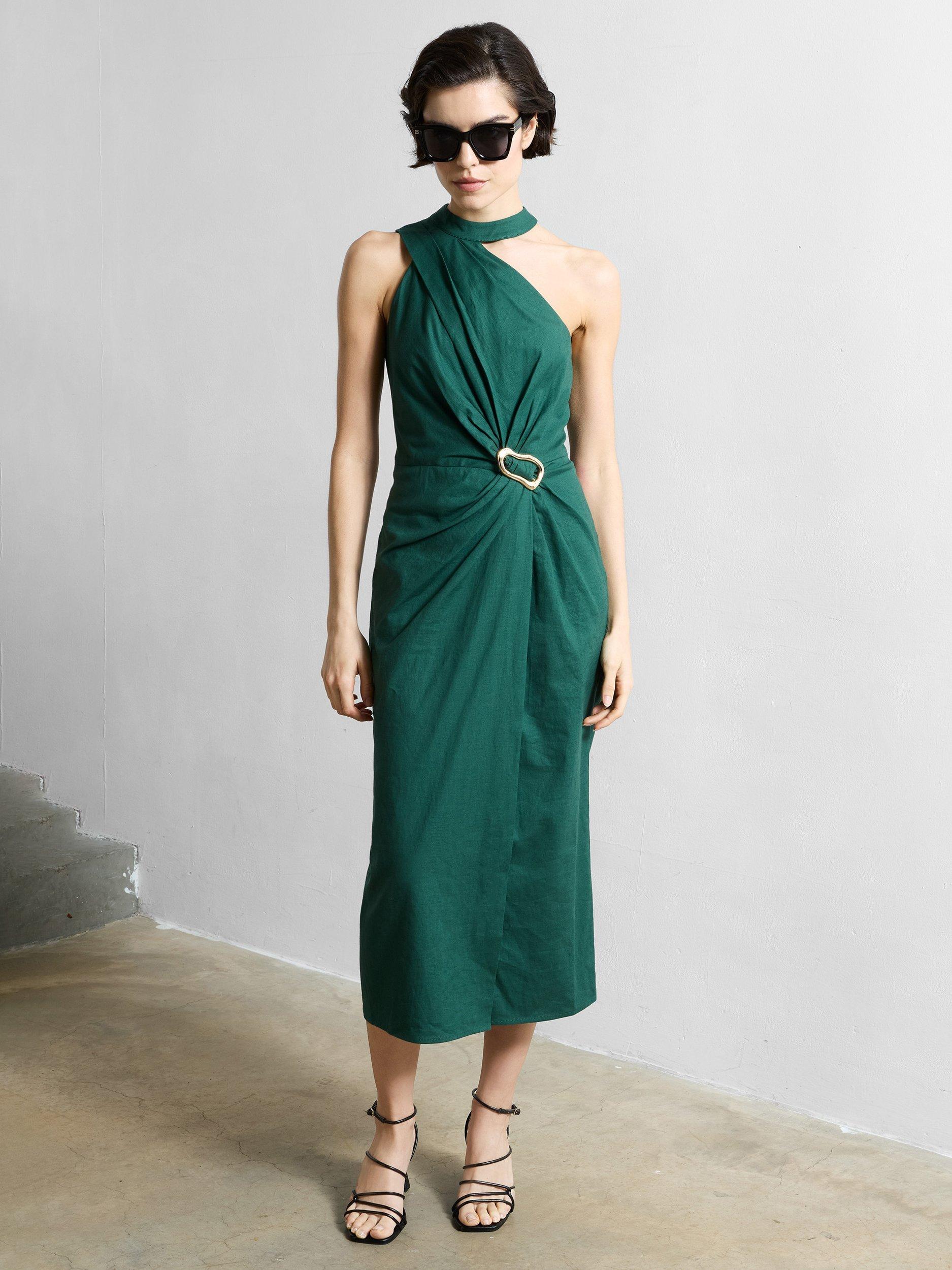 Product image 1 of 5, which shows French Connection Aspen Linen Blend Halterneck Midi Dress, Jade Green, 6