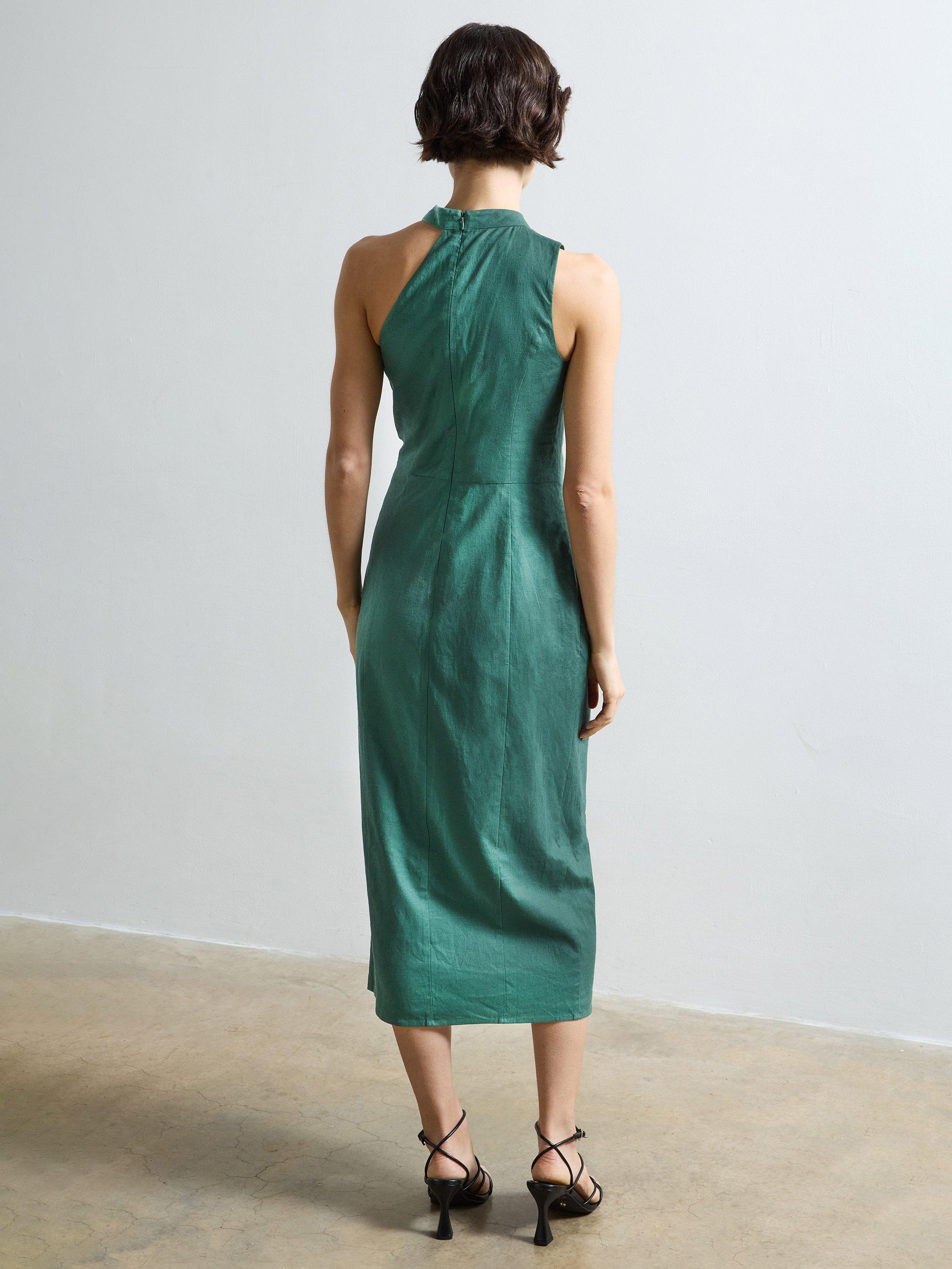 Product image 4 of 5, which shows French Connection Aspen Linen Blend Halterneck Midi Dress, Jade Green, 6