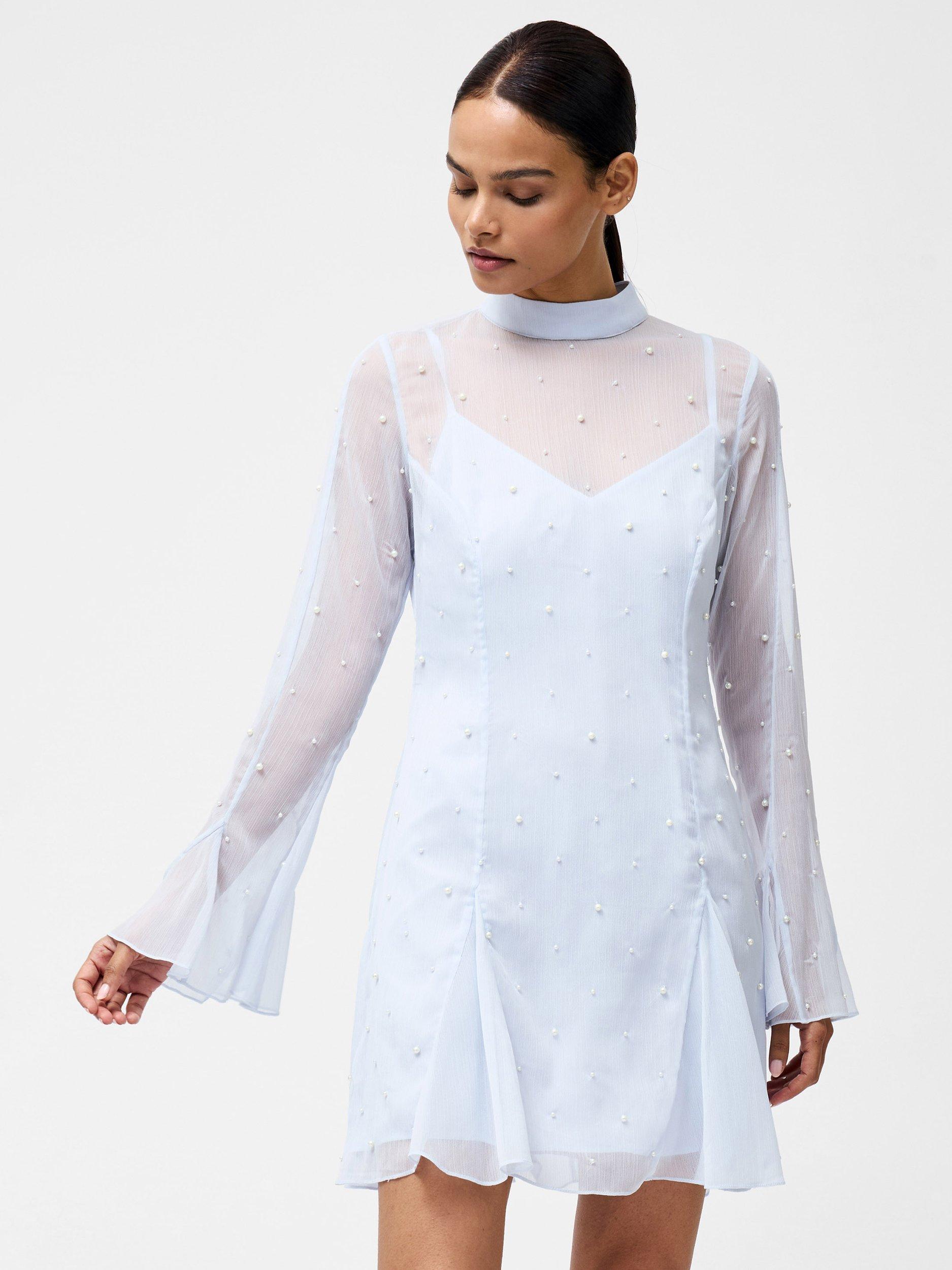 Product image 2 of 5, which shows French Connection Elizabeth Pearl Embellished Mini Dress, Powder Blue, 8