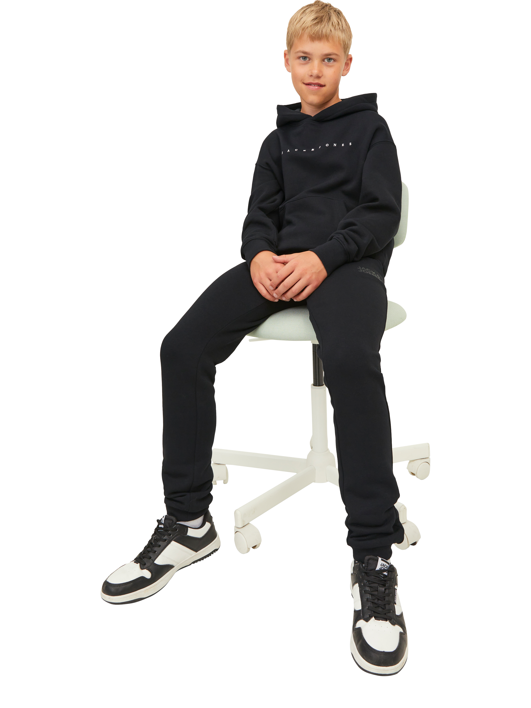 Product image 2 of 8, which shows Jack & Jones Kids' Gordon Cotton Blend Joggers, Black Tonal, 8 years