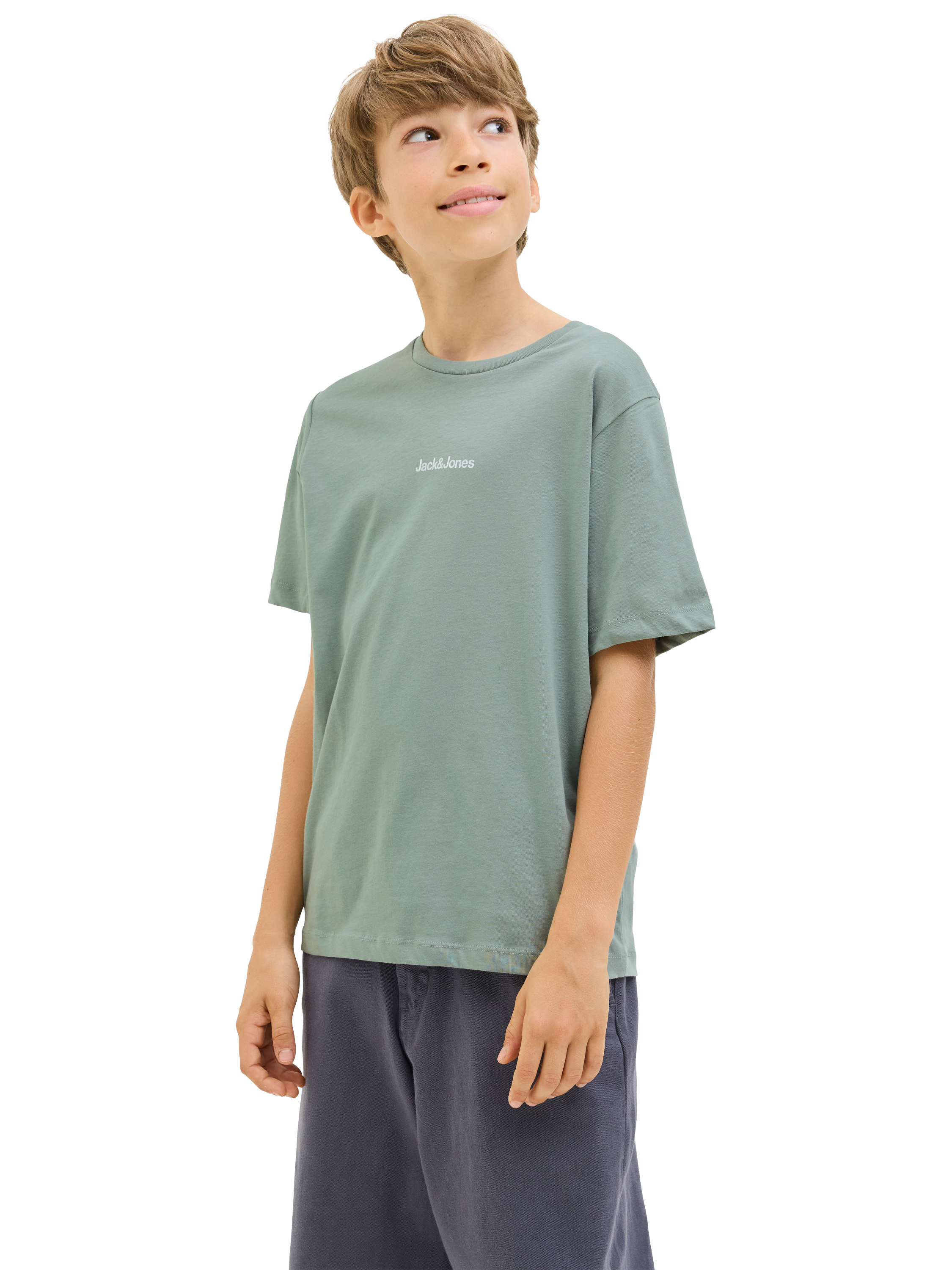 Product image 1 of 8, which shows Jack & Jones Kids' Cotton Logo Graphic T-Shirt, Iceberg Green, 8 years