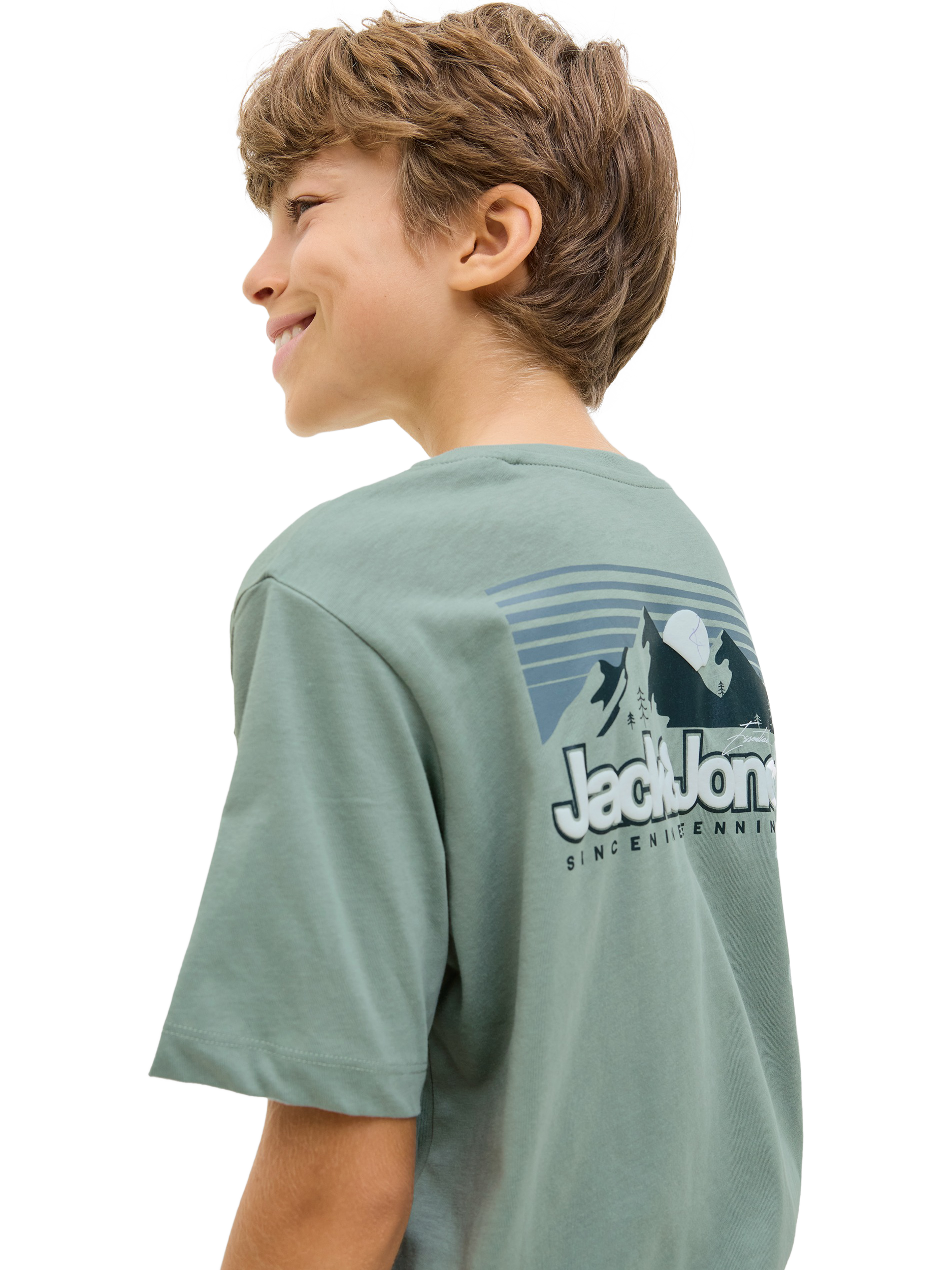 Product image 2 of 8, which shows Jack & Jones Kids' Cotton Logo Graphic T-Shirt, Iceberg Green, 8 years