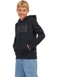 Jack & Jones Kids' Cotton Blend Logo Print Hoodie, Black Tonal