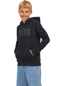 Jack & Jones Kids' Cotton Blend Logo Print Hoodie, Black Tonal, Black Tonal