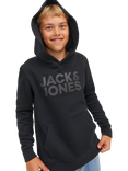 Jack & Jones Kids' Cotton Blend Logo Print Hoodie, Black Tonal