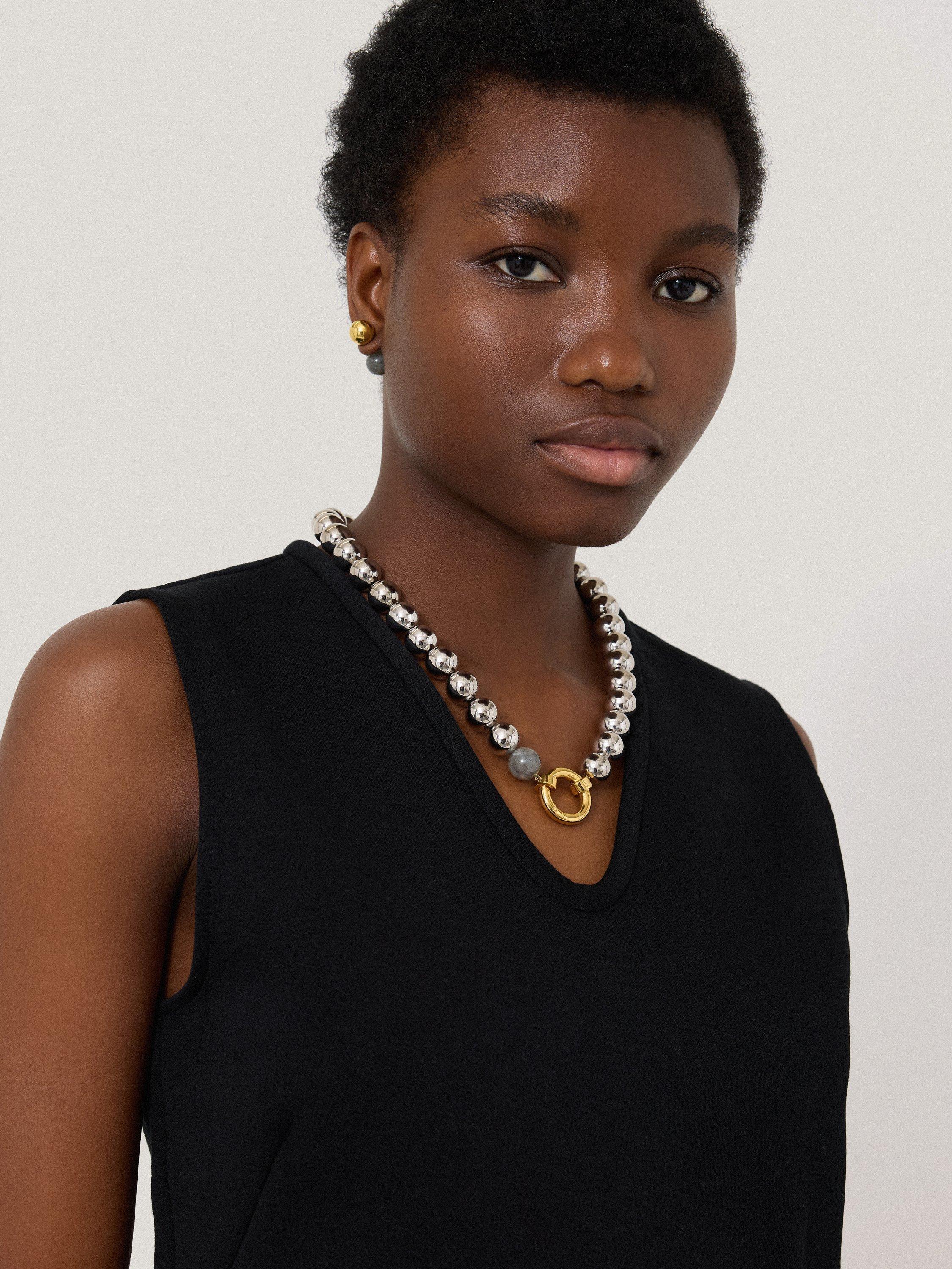 Jigsaw Statement Beaded Necklace, Silver