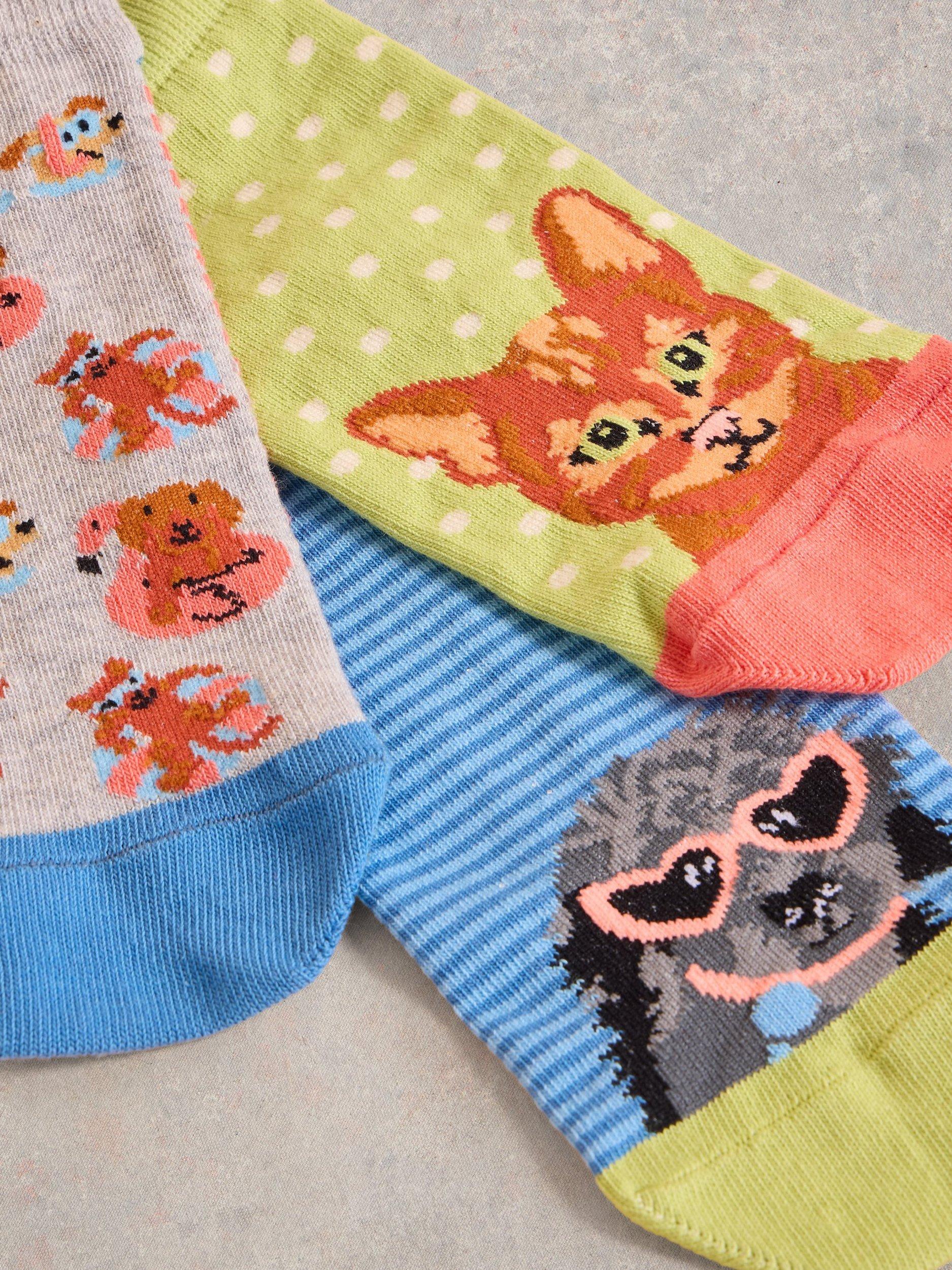 Product image 2 of 2, which shows White Stuff Pet Pals Trainer Socks, Pack of 3, Blue/Multi, 3-5.5