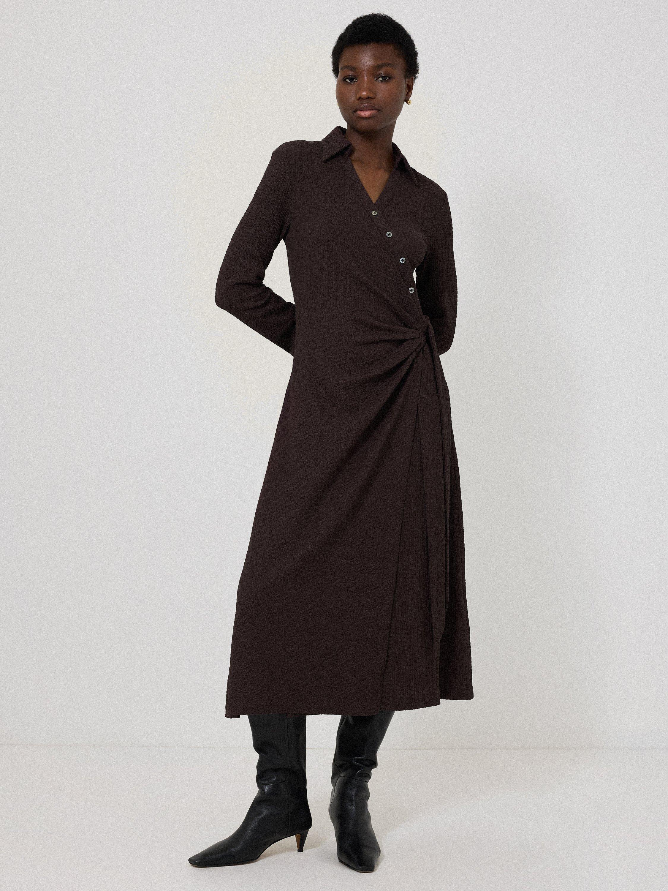 Product image 1 of 5, which shows Jigsaw Crinkle Shirt Wrap Dress, Dark Red, XS