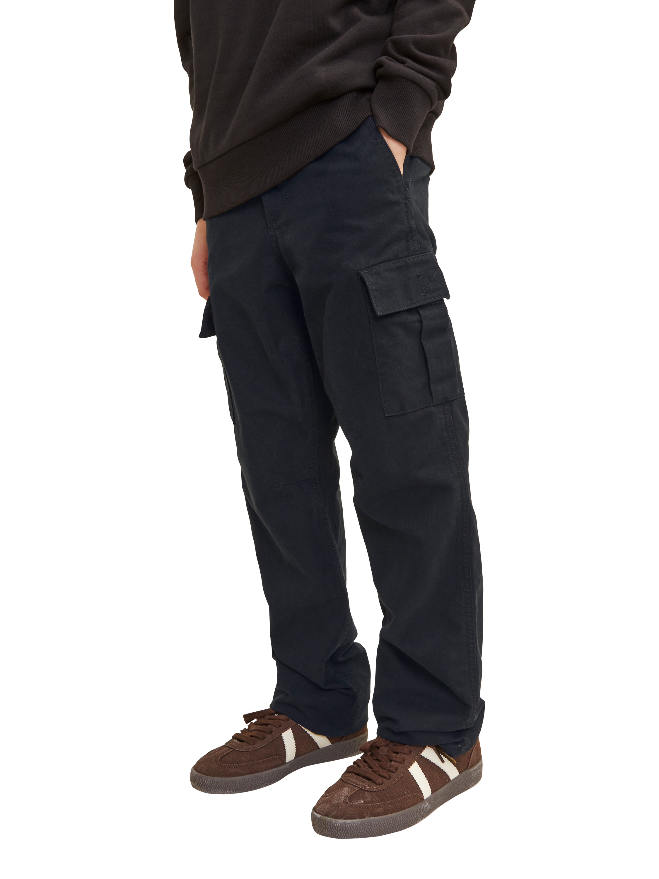 Product image 1 of 1, which shows Jack & Jones Junior Barkley Cotton Cargo Trousers, Black, 8 yrs