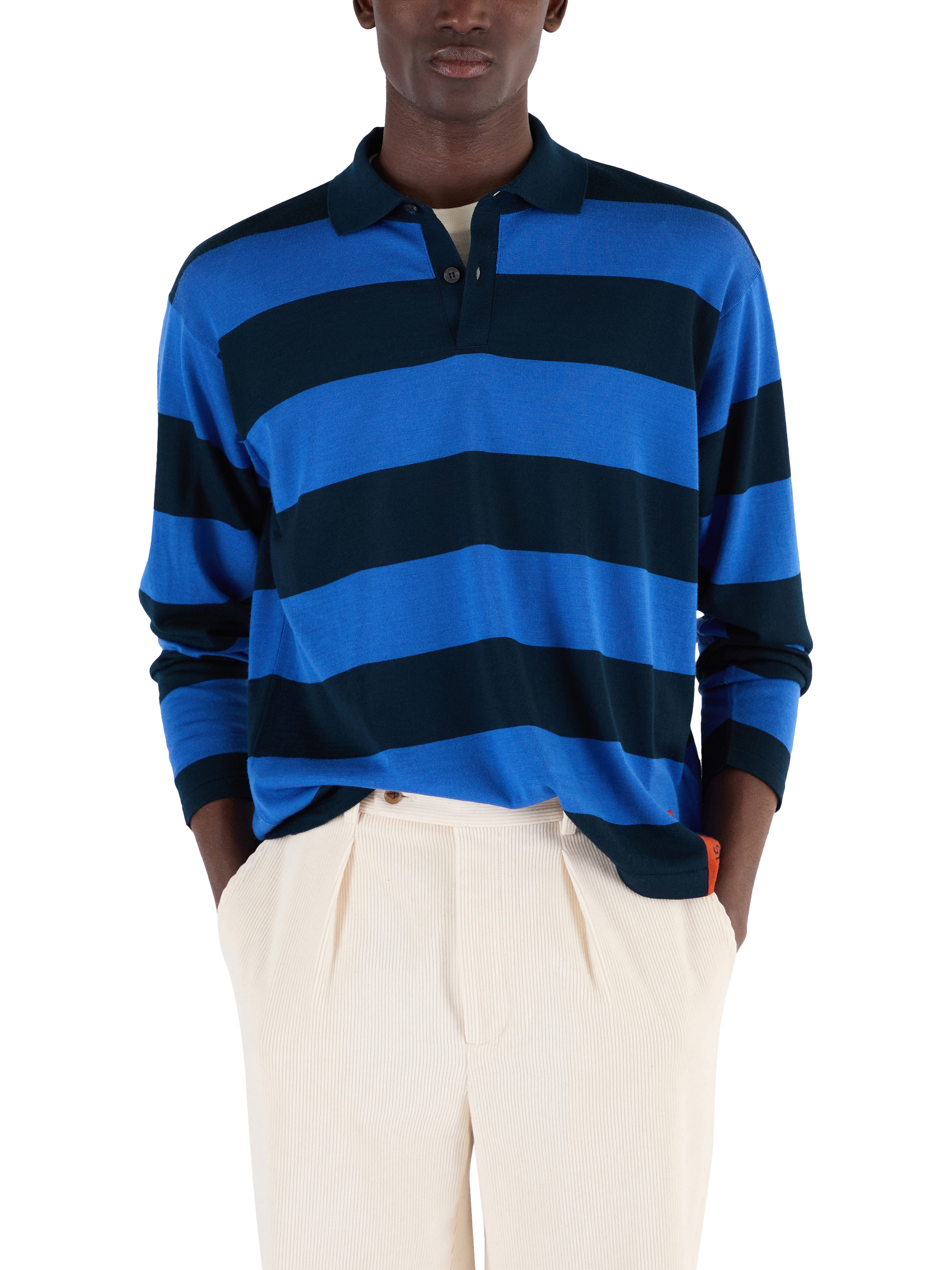 Product image 1 of 11, which shows John Smedley Unisex Stripe Rugby Shirt, Orion Green/Jay Blue, S