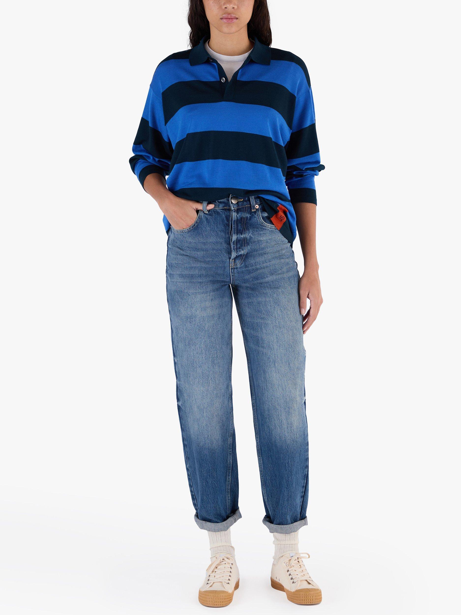 Product image 11 of 11, which shows John Smedley Unisex Stripe Rugby Shirt, Orion Green/Jay Blue, S