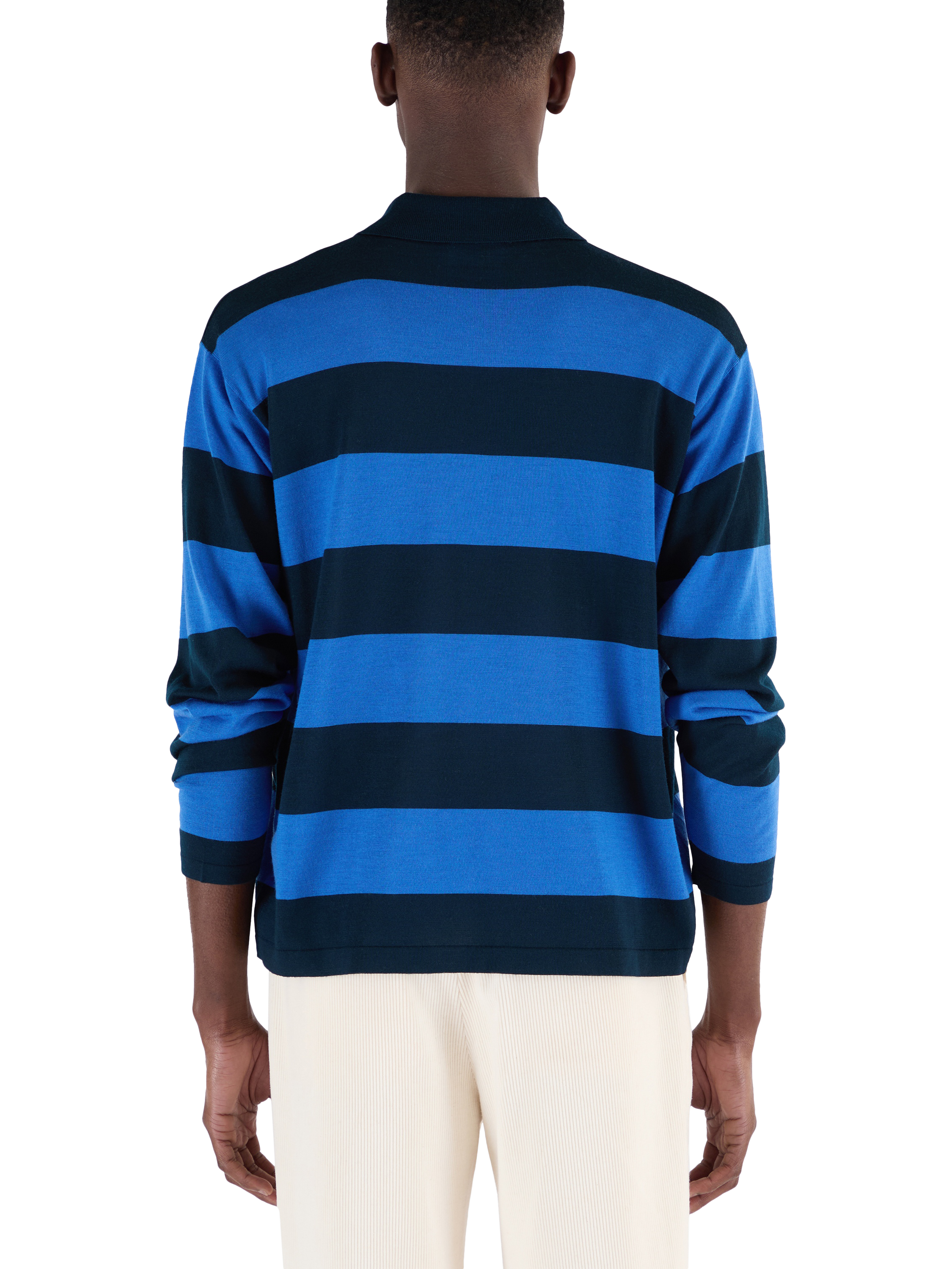 Product image 2 of 11, which shows John Smedley Unisex Stripe Rugby Shirt, Orion Green/Jay Blue, S