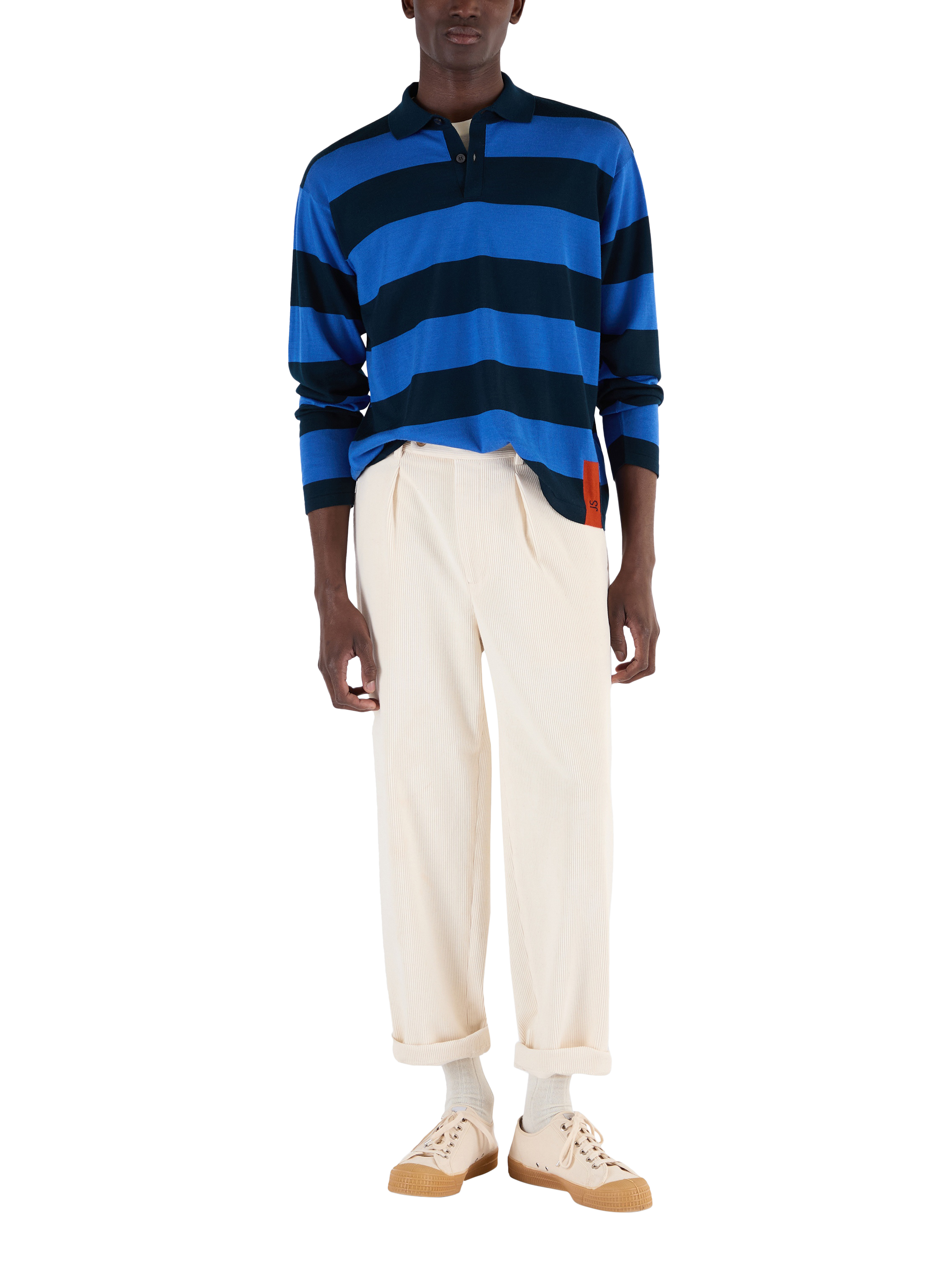 Product image 3 of 11, which shows John Smedley Unisex Stripe Rugby Shirt, Orion Green/Jay Blue, S
