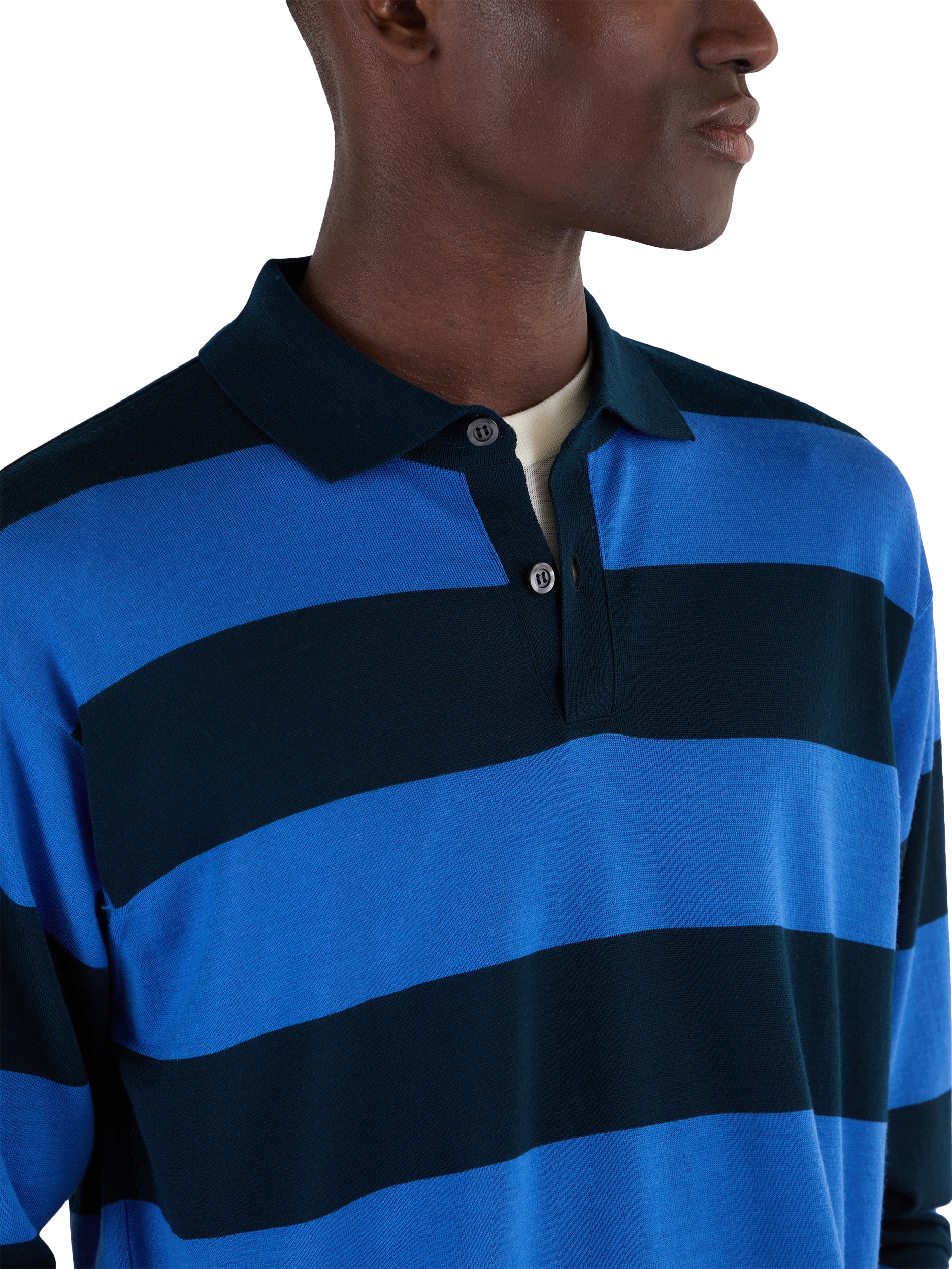 Product image 5 of 11, which shows John Smedley Unisex Stripe Rugby Shirt, Orion Green/Jay Blue, S