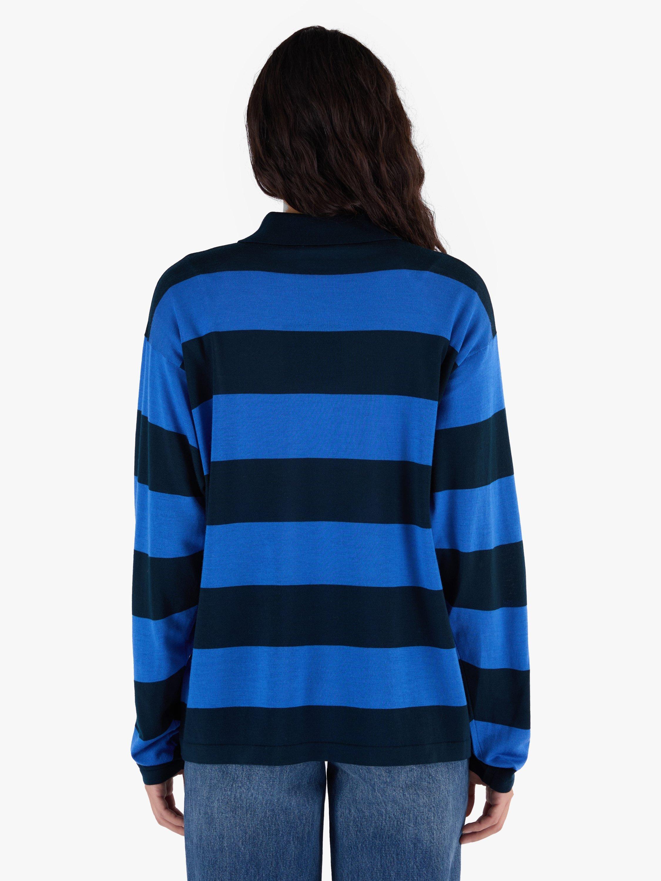 Product image 7 of 11, which shows John Smedley Unisex Stripe Rugby Shirt, Orion Green/Jay Blue, S