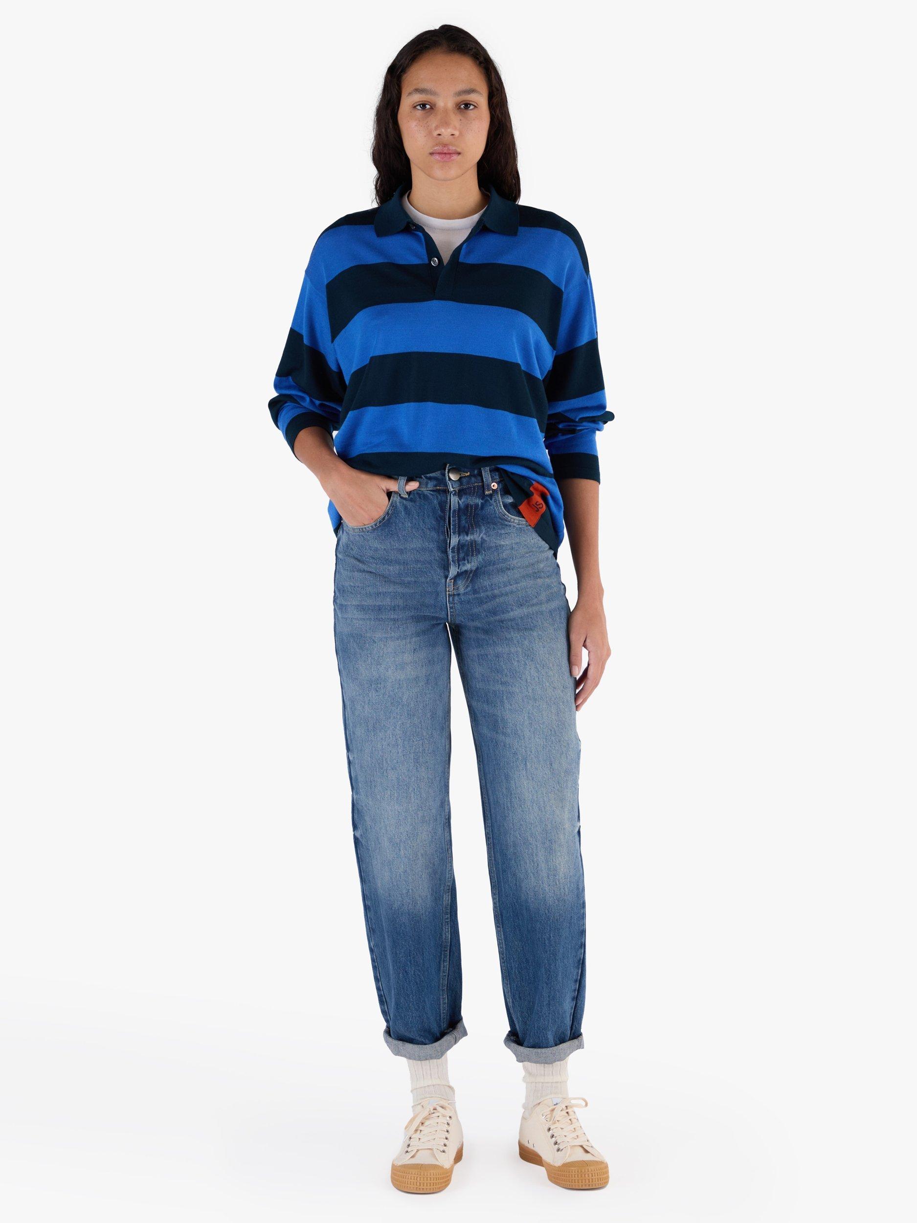 Product image 8 of 11, which shows John Smedley Unisex Stripe Rugby Shirt, Orion Green/Jay Blue, S