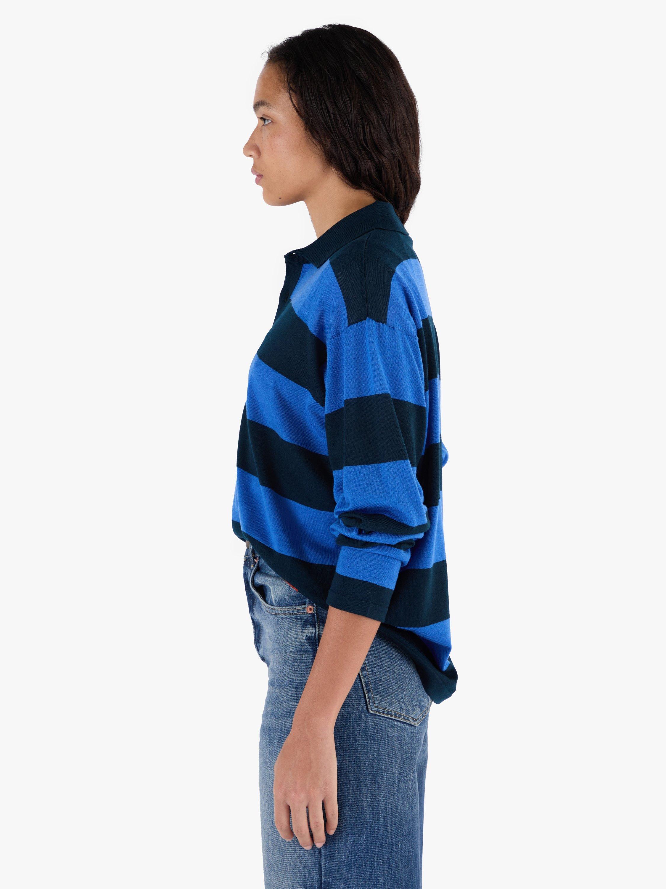 Product image 10 of 11, which shows John Smedley Unisex Stripe Rugby Shirt, Orion Green/Jay Blue, S