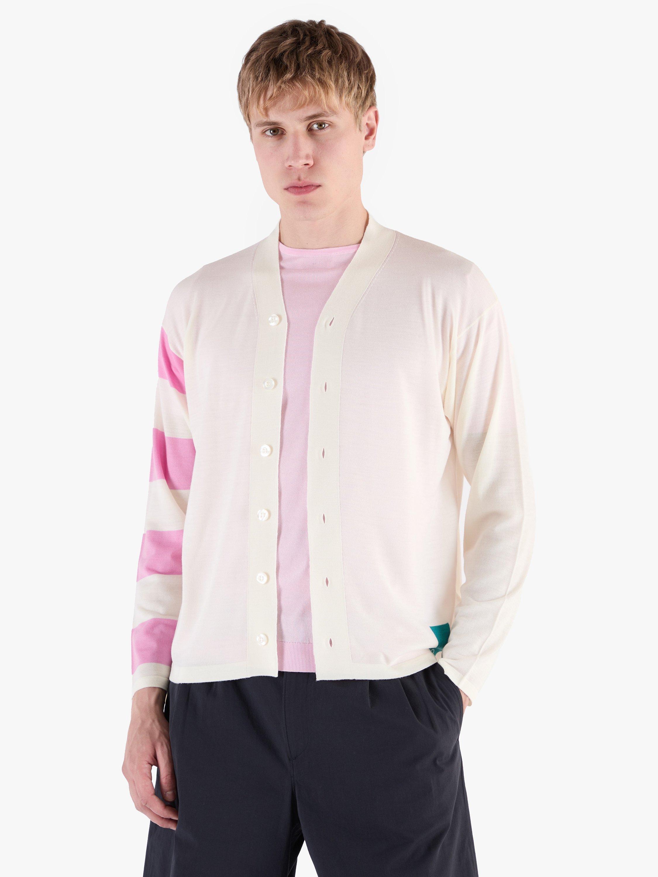 Product image 1 of 11, which shows John Smedley Merino Wool Modern Striped Cardigan, Snowwhite/Misty Rose, S