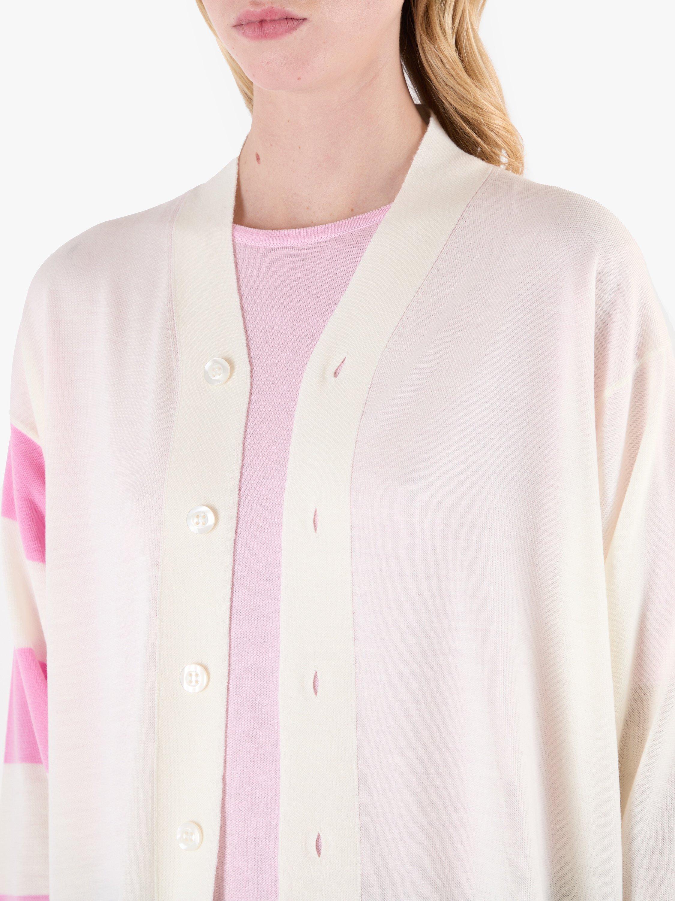 Product image 11 of 11, which shows John Smedley Merino Wool Modern Striped Cardigan, Snowwhite/Misty Rose, S