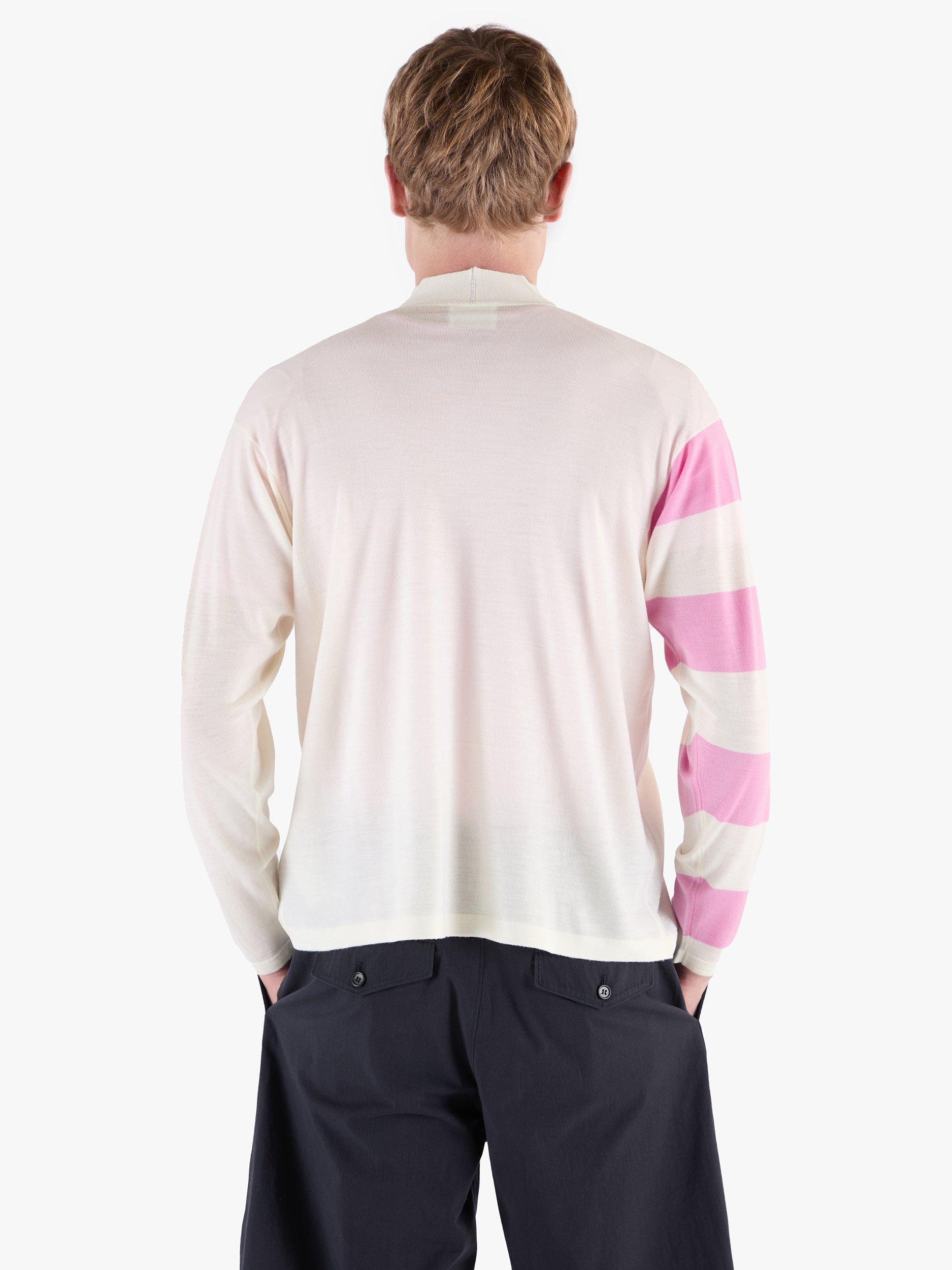 Product image 2 of 11, which shows John Smedley Merino Wool Modern Striped Cardigan, Snowwhite/Misty Rose, S